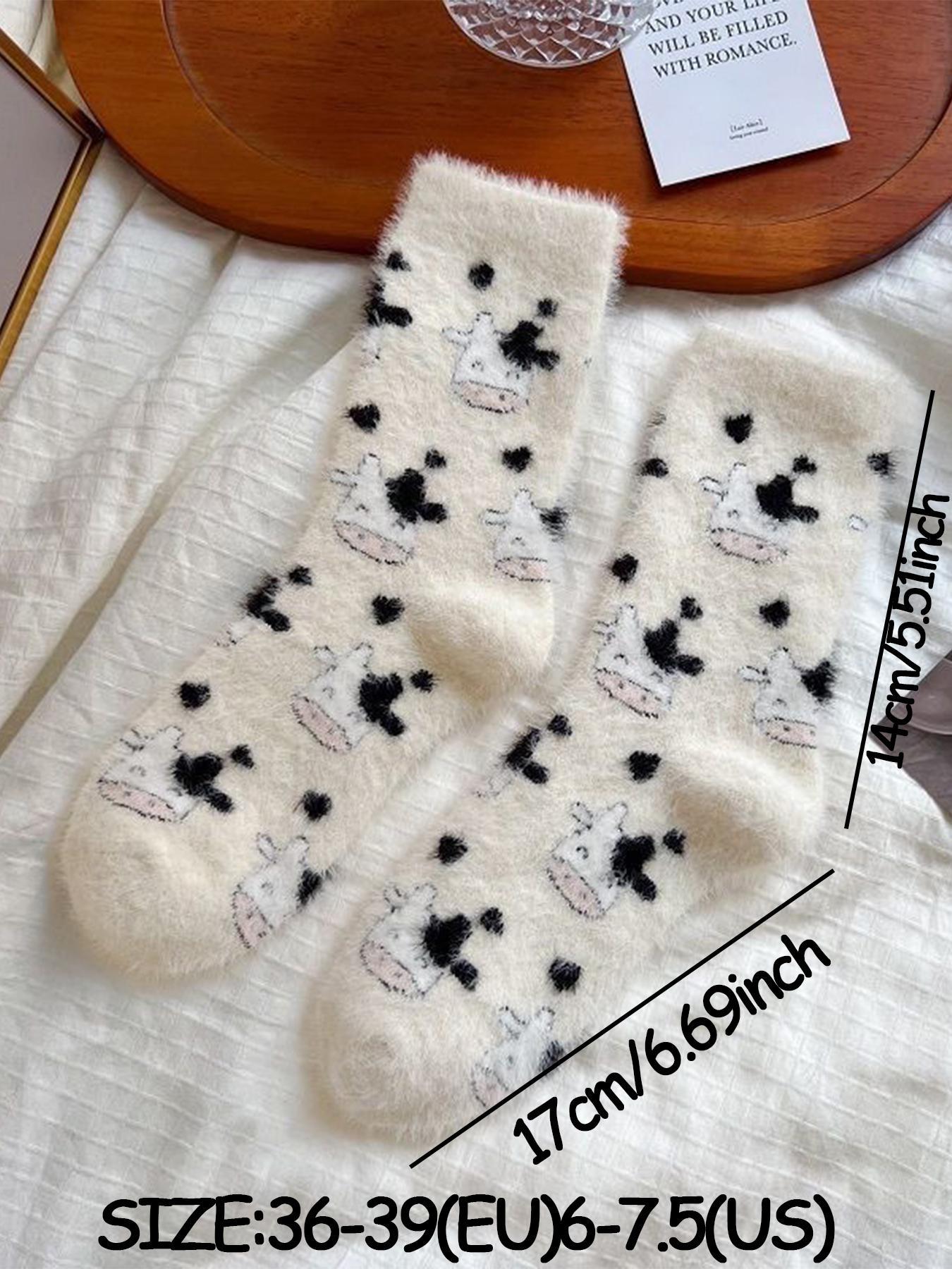 Women's Cow Print Fuzzy Mid Calf Socks, Cute Warm Crew Socks for Daily Wear, Casual Comfy Hosiery for Fall & Winter, Trendy Matching Jacquard Knitting Socks