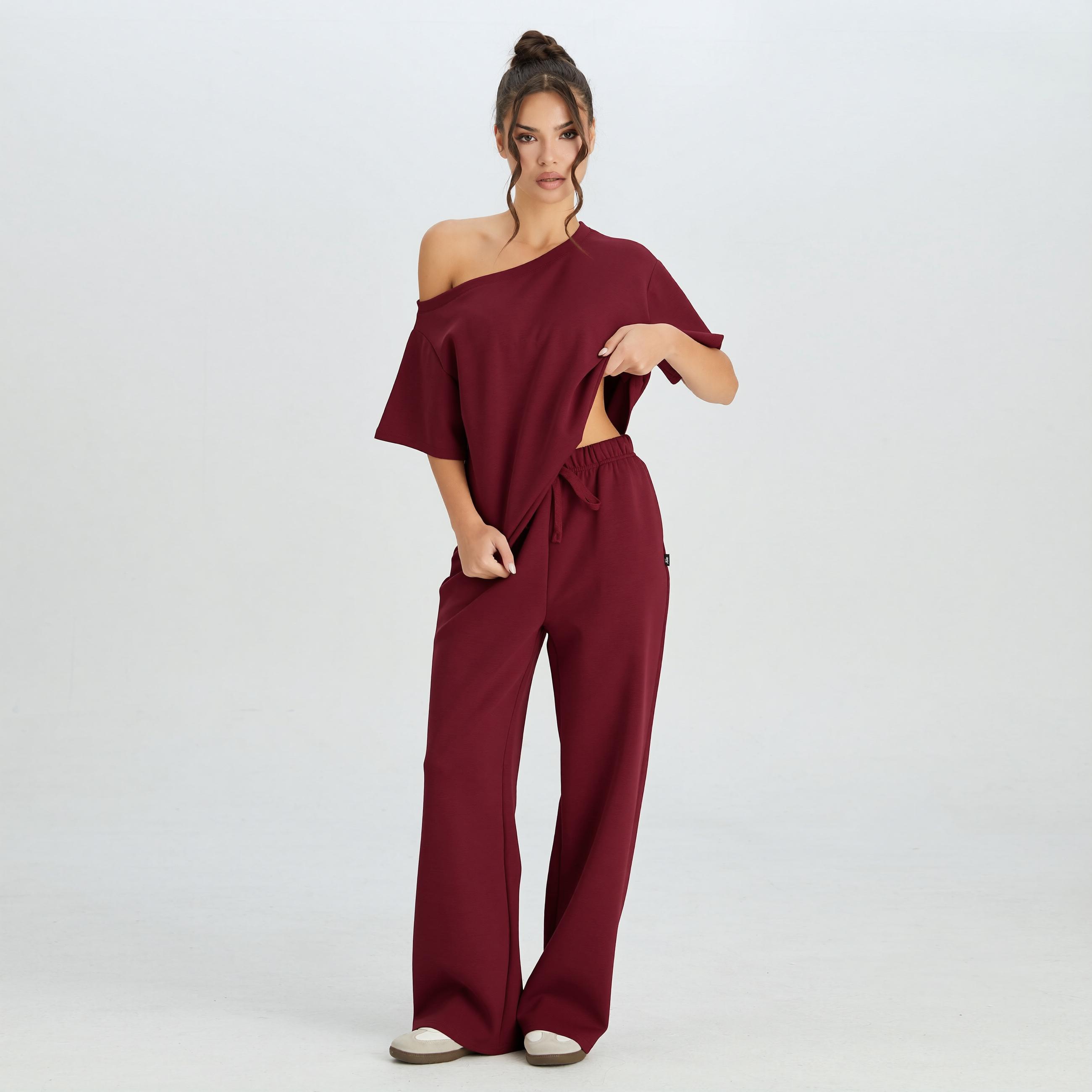 KatchMe Women's Simple Style Solid Color Sloping Shoulder Short Sleeve Top & Drawstring Waist Wide Leg Trousers Co-ord Set & Separates, Minimalist Womenswear KatchMe Women's Simple Style Solid Color Sloping Shoulder Short Sleeve Top & Drawstring Waist Wide Leg Trousers Co-ord Set & Separates, Minimalist Womenswear