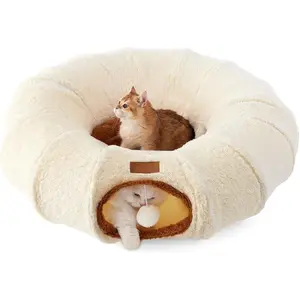 Tunnel Bed for Indoor Cats, Cute  Donut  Tunnel for Small Large Cats, Peekaboo  Cave Play Tunnel Toys for Kitten/,Beige