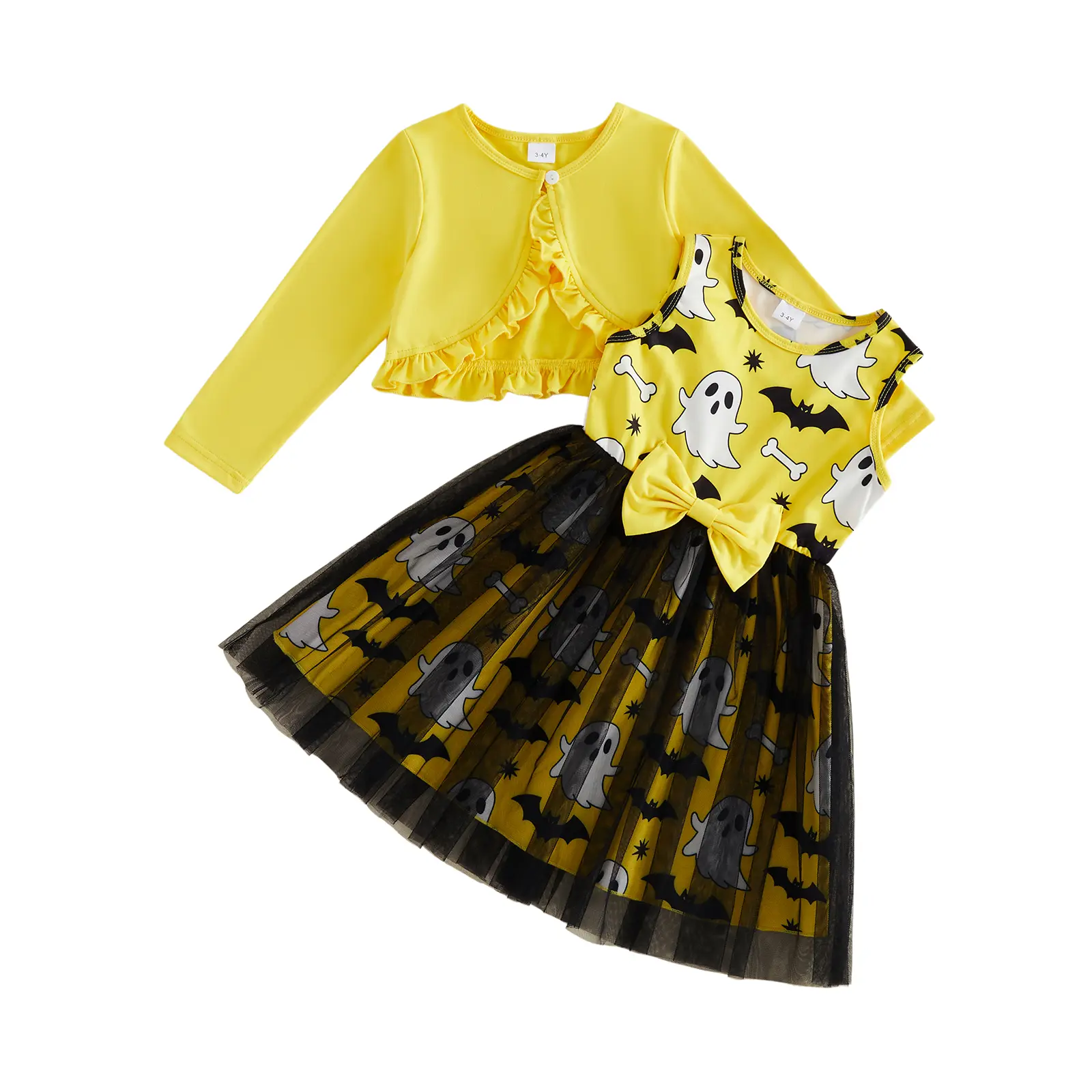 Canrulo Toddler Baby Little Girl Halloween Costume Ghost Bat Tulle Dress with Long Sleeve Ruffle Shrug Cardigan Fall Clothes 6M-5T