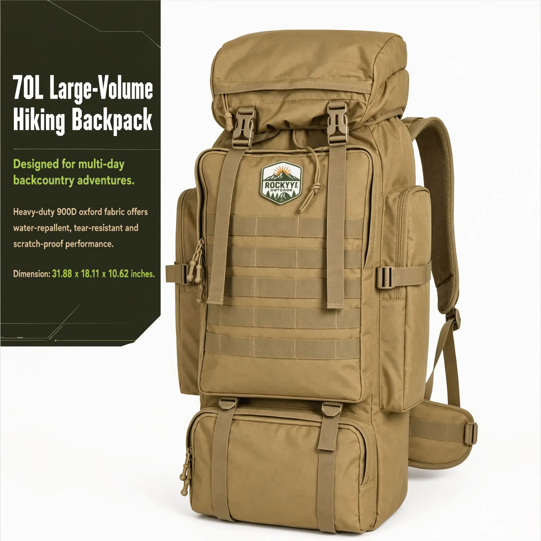 Hiking Backpack,70L Camping Backpack,Waterproof 900D Oxford Cloth Bag,Durable Outdoor Hiking Backpack,Widened Straps,Hunting,Travel,Mountaineering,Military Rucksack Molle 3 Days Assault Pack for Climbing Khaki