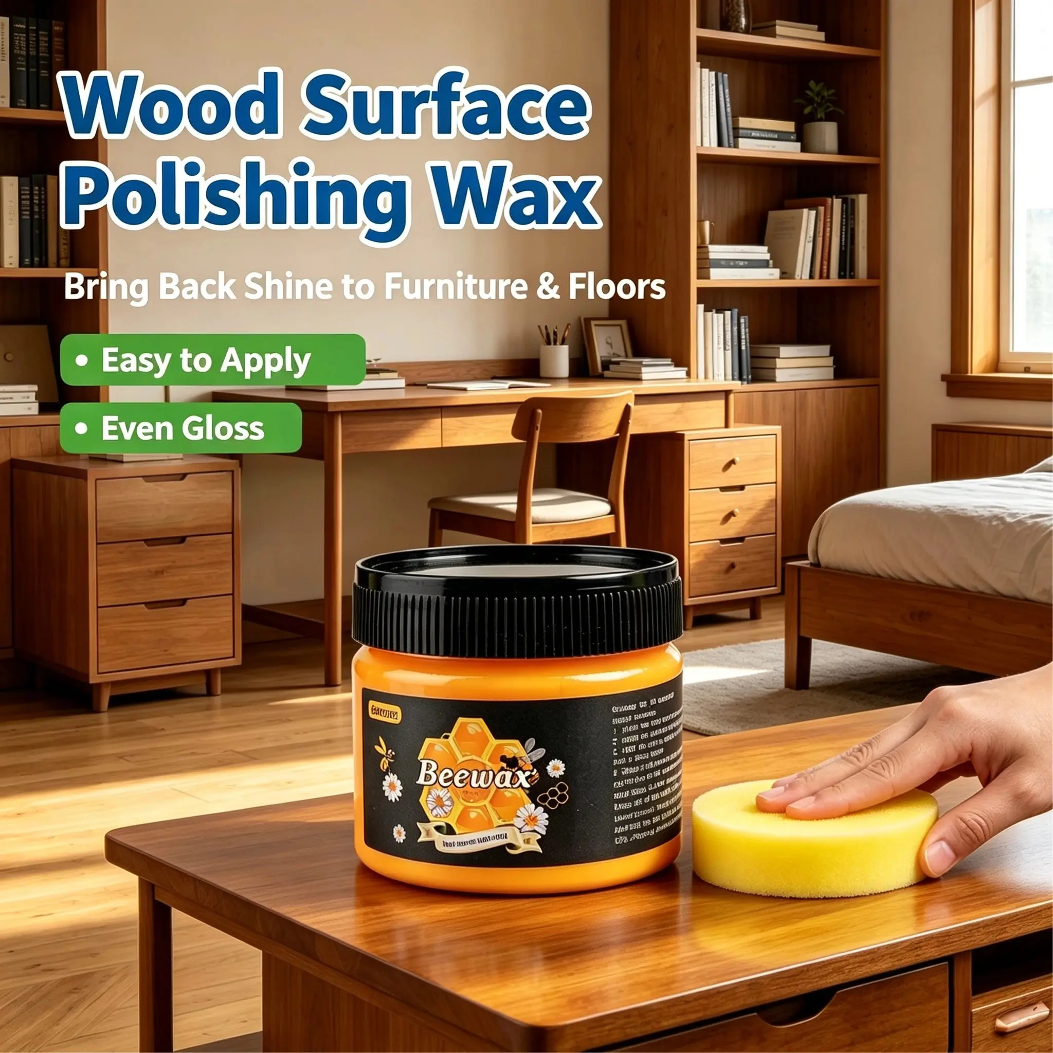 Beeswax Wood Polish with Sponge Applicator - Compatible for Mahogany, Floors, Composite Boards & All Wood Types - Restores Luster, Wood & Polish, Essential Furniture Care for DIY & Home Maintenance, 80g