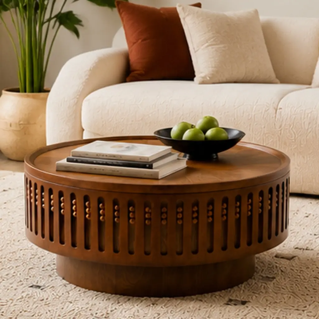 ARCH 31.3" Round Coffee Table with Hidden Storage, Boho Lattice Design End Table, Flip-Top Accent Table for Living Room Bedroom, Walnut MDF, Easy Assembly, Walnut Color Options, MDF Material, Product Dimensions: 31.30 W x 31.30 D x 13.78 H in