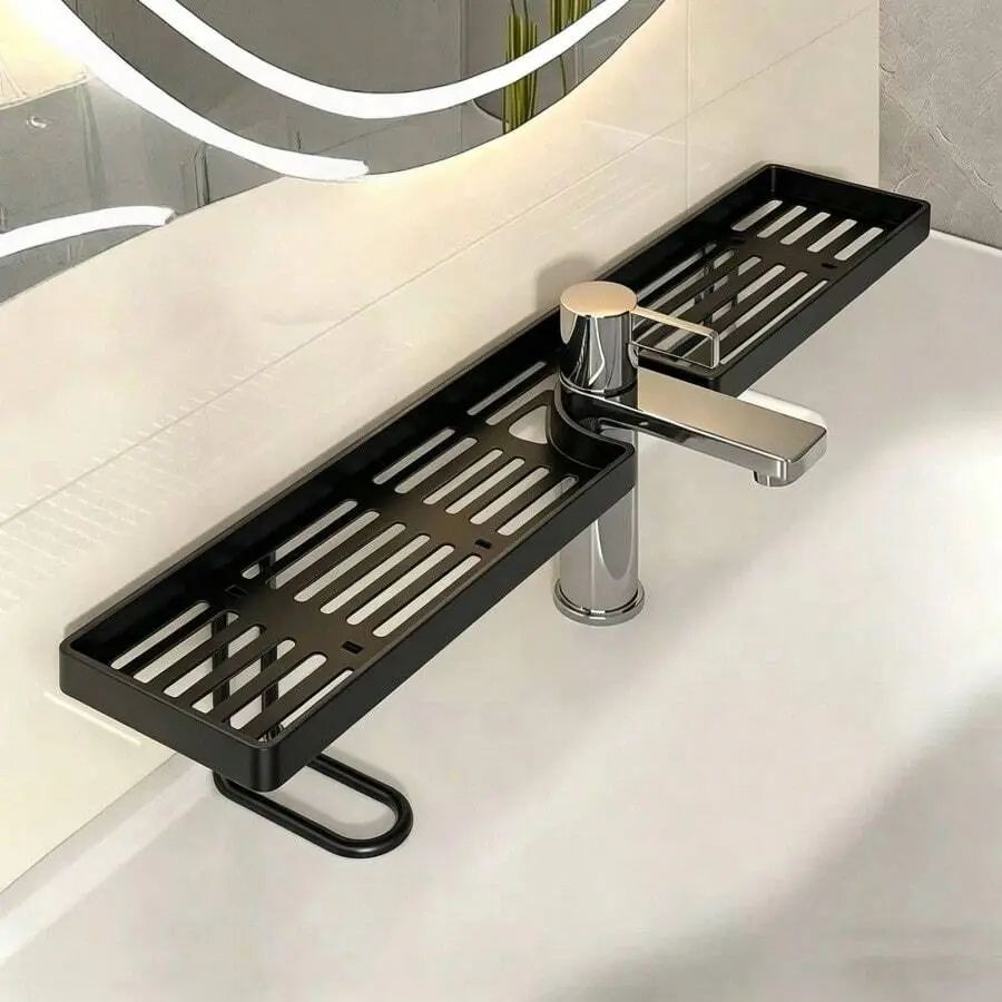 1pc Vertical Faucet Shelf Rack Organizer, Wall-Mount ABS Plastic Bathroom Vanity Storage Holder, No-Drilling Installation for Indoor Use
