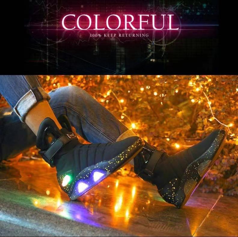 Stylish White USB-Rechargeable Glow-in-the-Dark High-Top Sneakers with Neon Lights & Stripes for Street Dancing & Nighttime Exercise back  to  the  future  shoes