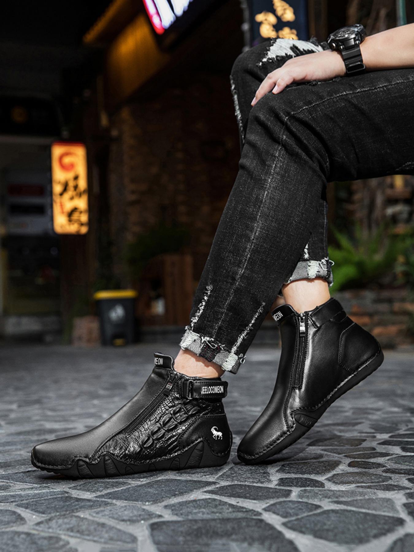 Men's Fashion Ankle Boots, Fashionable Boots, Animal Print, Side Zipper Design, Casual Comfortable Outdoor Shoes, All Season Wear, Trendy and Versatile