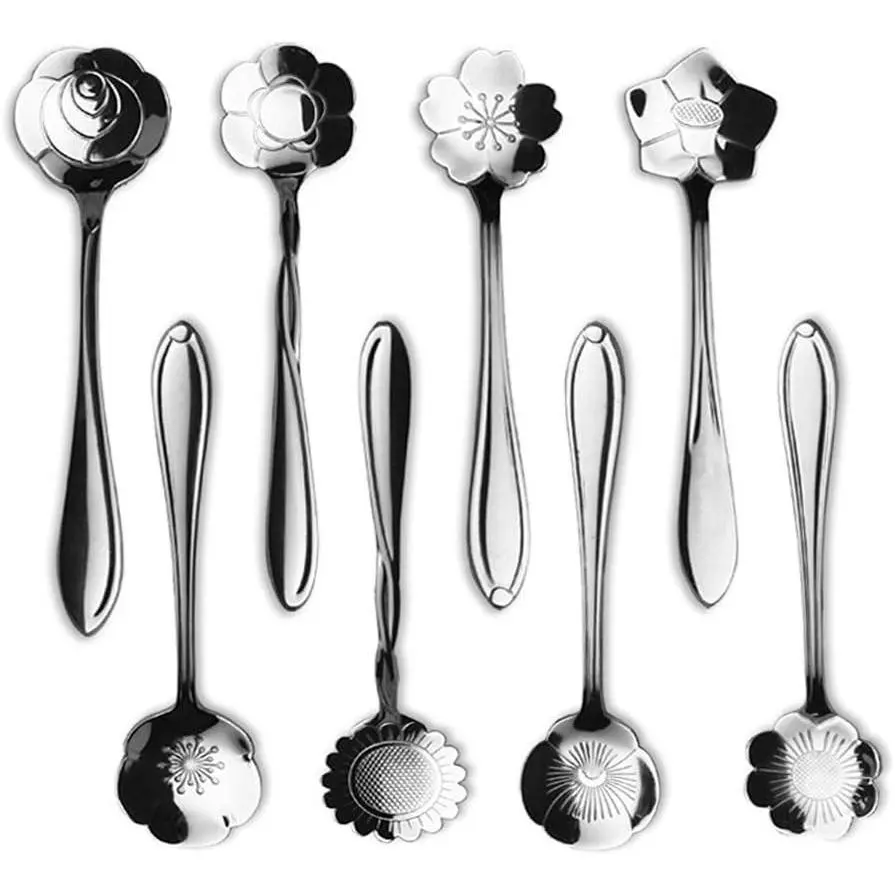Stainless Steel Tableware - Creative Flower Coffee and Tea Spoons, Stirring and Mixing Set of 8 Different Patterns