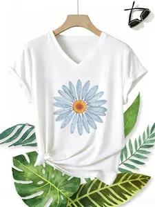 Women's Casual V Neck Short Sleeve T-Shirt, Daisy Print, Summer Fashion, Regular Fit, Daily Wear, Ladies Clothing