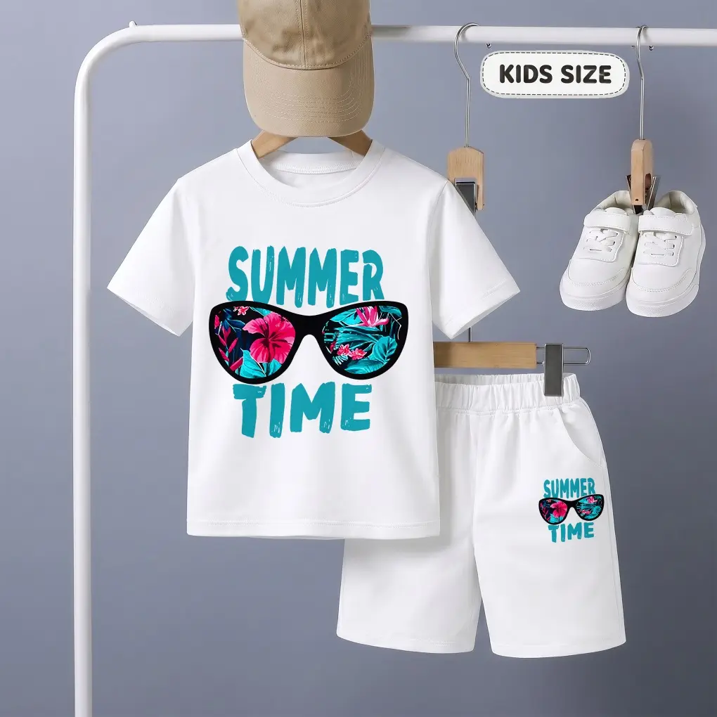 Boys’ Summer Time Printed Design Short Sleeve T-Shirt And Shorts Set, Casual Kids Summer Outfit, Comfortable Crew Neck Clothing Set For Daily Wear And Outdoor Play