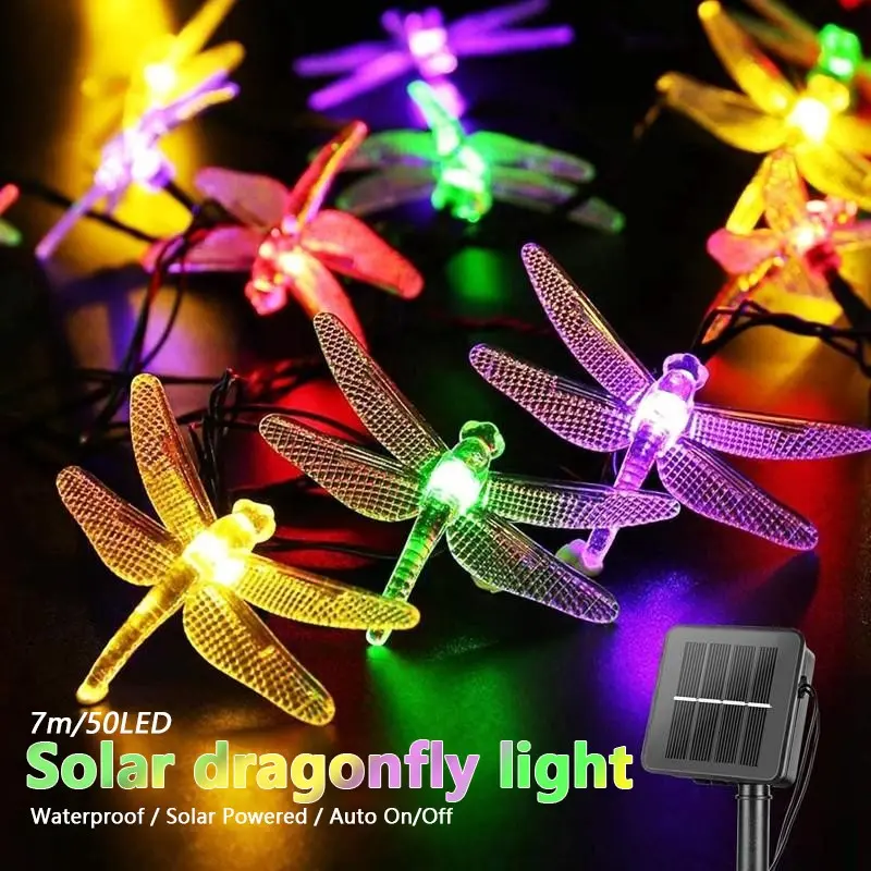 1 set of 7-meter dragonfly solar string lights, 50LED high brightness light beads, colored/warm light dragonfly solar string lights, dragonfly atmosphere lights, courtyard/garden/bedroom/party decoration, Solar Lighting
