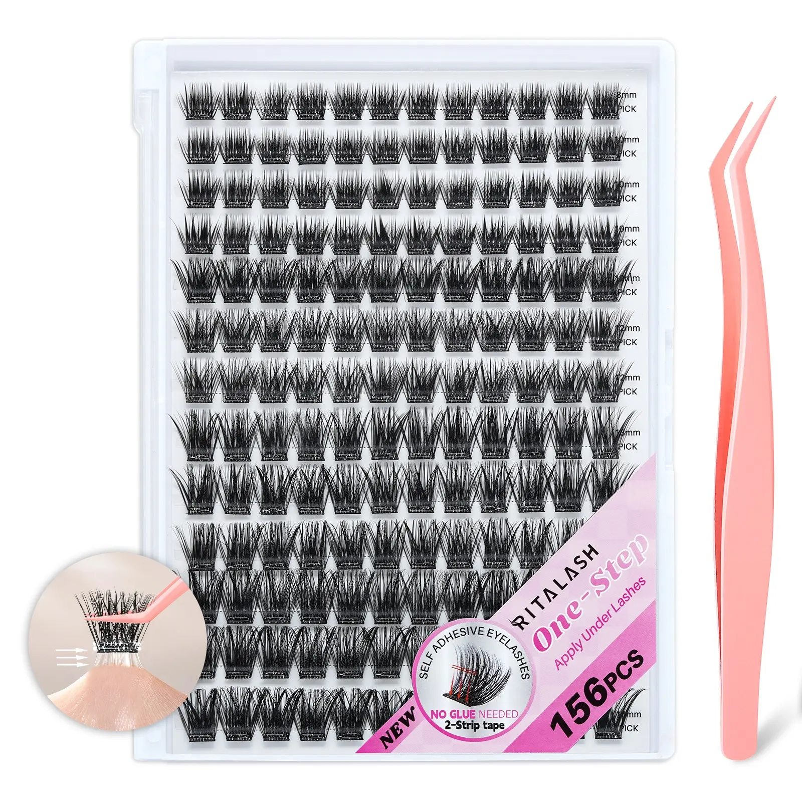 RITALASH 156 Pcs Self Adhesive Eyelash Clusters, Cosmetic False Lashes, No Glue Needed, Invisible 2-Strip Tape - Longer Lasting, No Sticky Residue Pre Glued Eyelashes with Anti-Stick Tweezers Easy Control for Beginners
