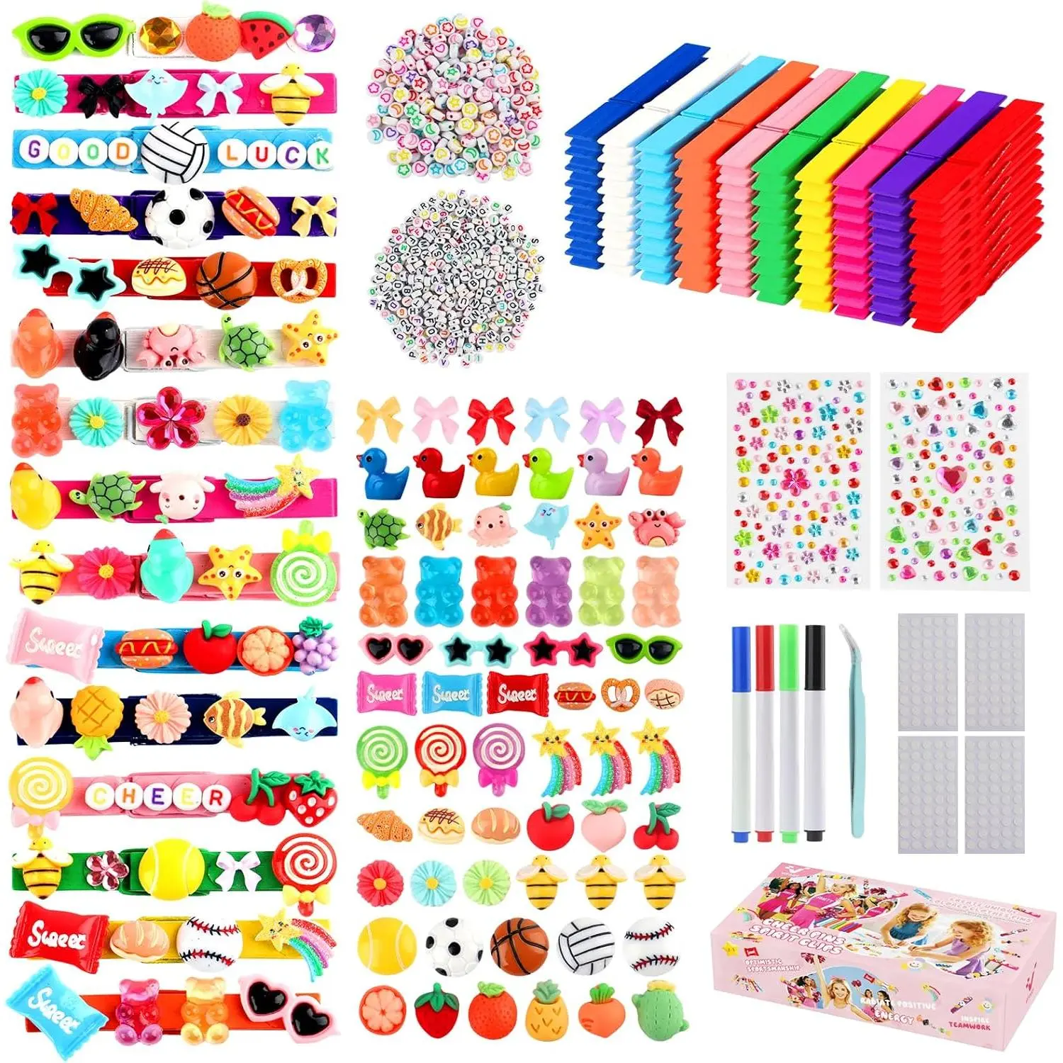 Cheer Pins Spirit Clips,80 Wooden Colored Clothes Pins with 120 Mini Resin Charms Bows Sticker,400 Letter Beads,200 Self-Adhesive Dots,Cheer Pin kit for Ribbon Team Classroom Cheerleading Gifts Bulk