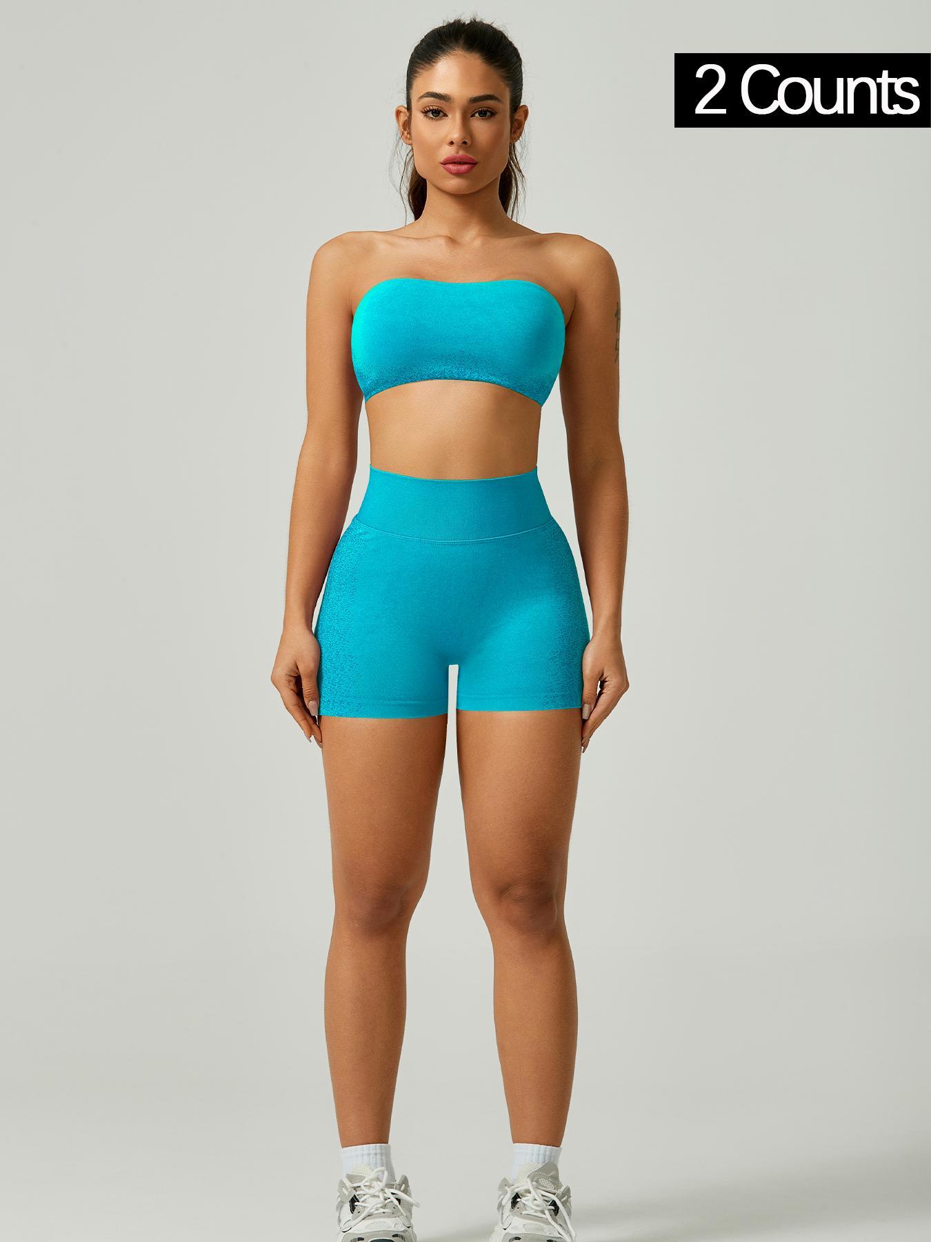 Women's Solid Cross Back Bandeau Top & High Waist Shorts Sports Set, Sporty Casual Breathable Comfortable Two-piece Outfits for Yoga Gym Workout Running, Ladies Spring Sportswear, Workout Running Clothes, Gym Sets