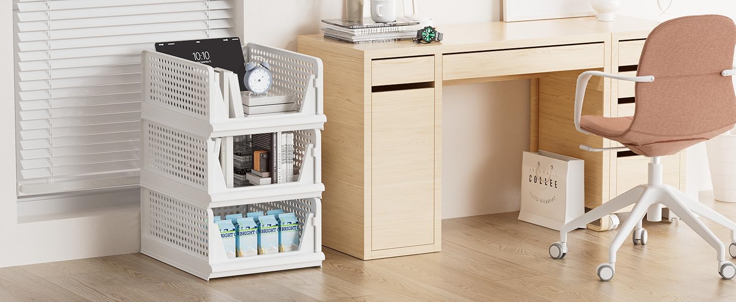 Stackable Plastic Storage Basket Closet Organizer Bin Foldable Clothes Organizer Storage Drawer Shelf Container For Living Room,Bathroom,Kitchen,Office