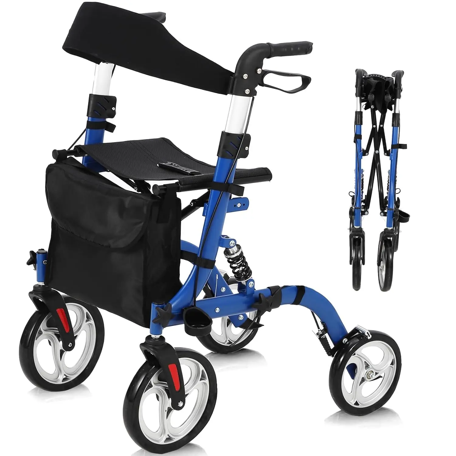 Kids Compact Fold 2-in-1 Mobility Aid (Walker/Wheelchair Combo), Lightweight Aluminum Frame, Shock-Absorbing System, 12-inch All-Terrain Rubber Wheels, Adjustable Handle, Seat, Backrest, Hand Brakes, 150kg Max Load