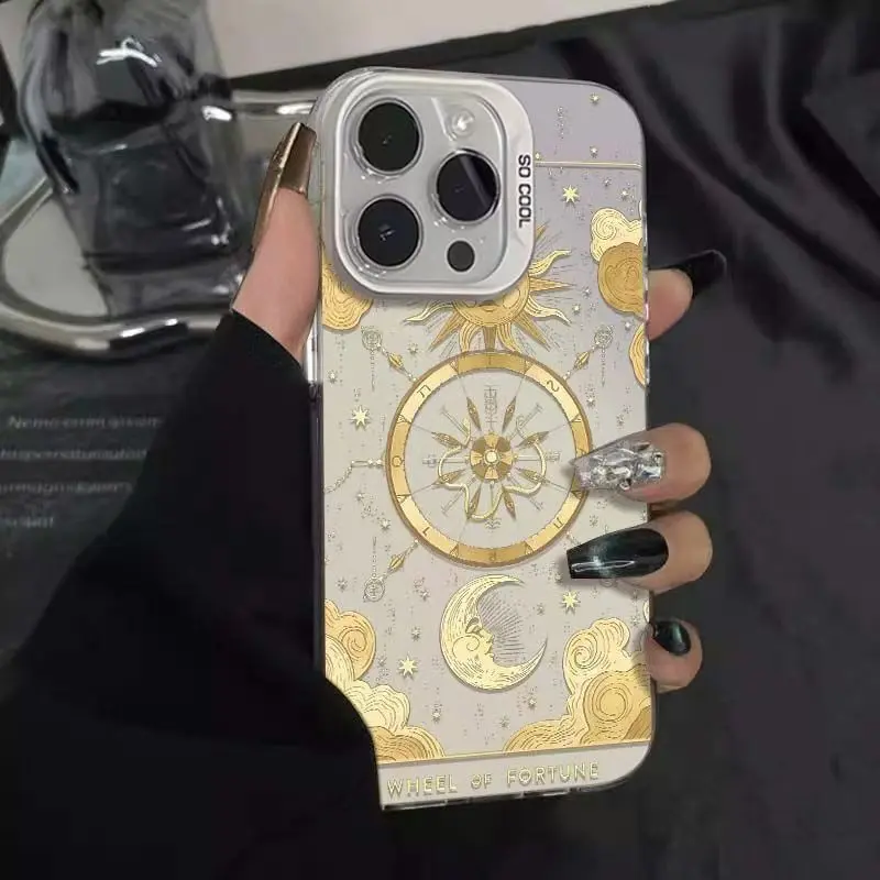 Sun & Moon Gilded Celestial Compass Map Phone Case - Beige TPU Shell for iPhone Series (17,16,15,14,13,12,11,X,Plus,Pro,Max), Water-Resistant iOS Accessory, Astrology Gift