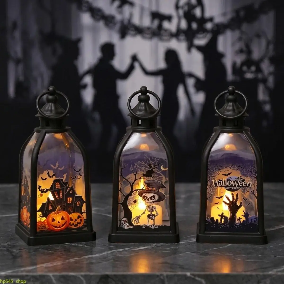 Vintage 4-Sided Pumpkin Halloween Lantern, Flameless LED Tabletop Party Decor with a Spooky Flickering Light and Waterproof Anti-Tip Base, Spooky Vibe, Compact