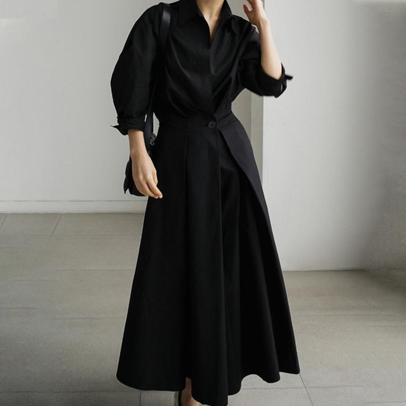 UOOZEE women's long-sleeved loose solid color lapel midi dress, waist design, comfortable and elegant, a must-have for commuting and formal occasions Midi Cloth, with pockets Modest Clothes