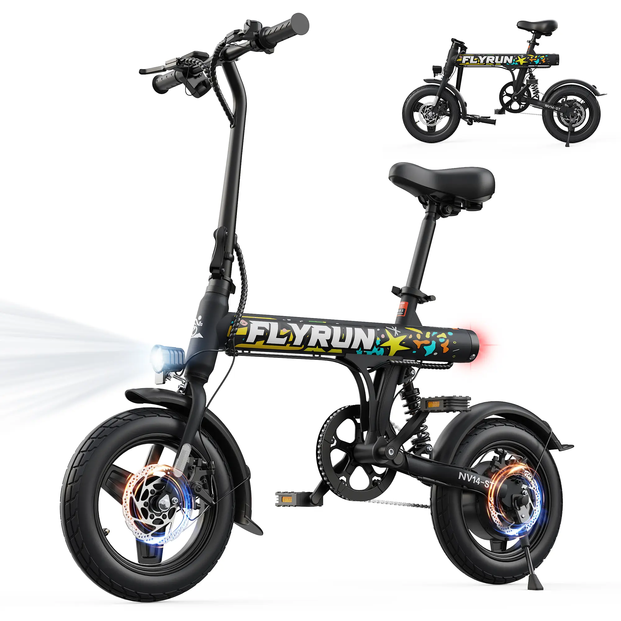 FLYRUN 14-Inch Urban Folding Electric Bicycle  - 500W Motor, 280.8Wh Large Lithium-Ion Battery, 4-6h Range, Dual Disc Brakes, LCD Display, 3 Riding Modes, UL Certified, Compact for Commuting & Travel
