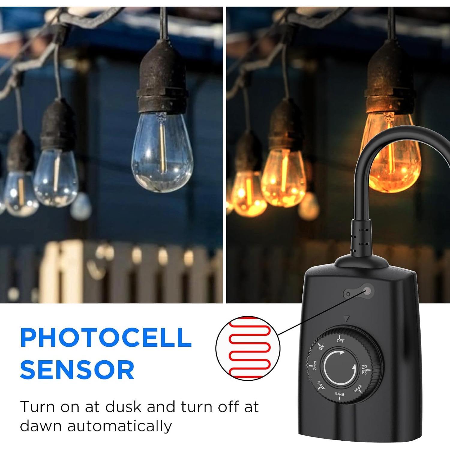 Outdoor Timer, Dusk to  Timer, Outdoor Light Timers , 2 Grounded Outlets Timers for Christmas Lights, 15A 1/2HP, CSA Listed, Light Sensor Timer 2Pack, Black, OT1004D