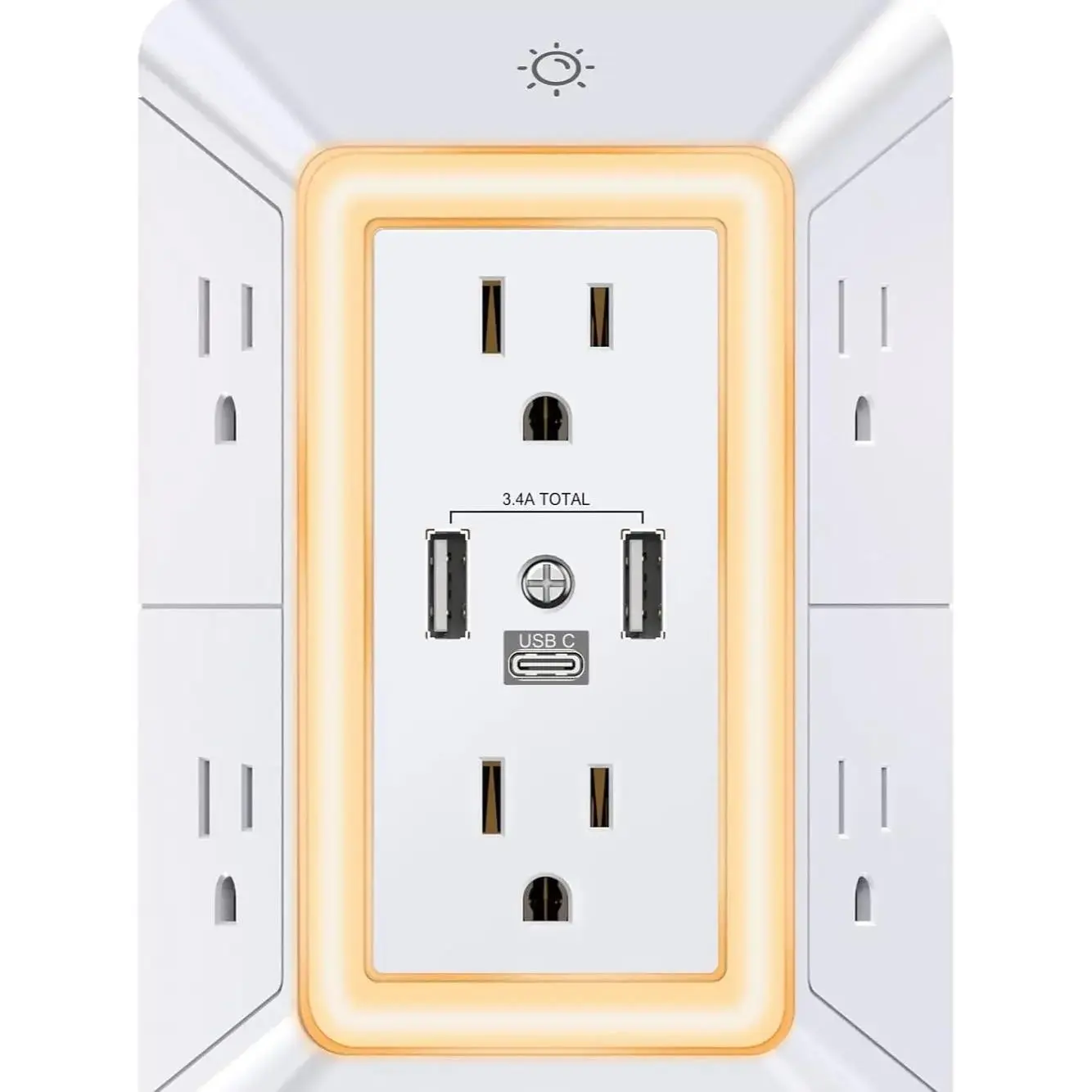 Multi Plug 6 Outlet Surge Protector Extender with 3 USB Ports (1 USB C) and Night Light, 3-Sided Power Strip with Adapter Spaced Outlets, ETL Listed, White
