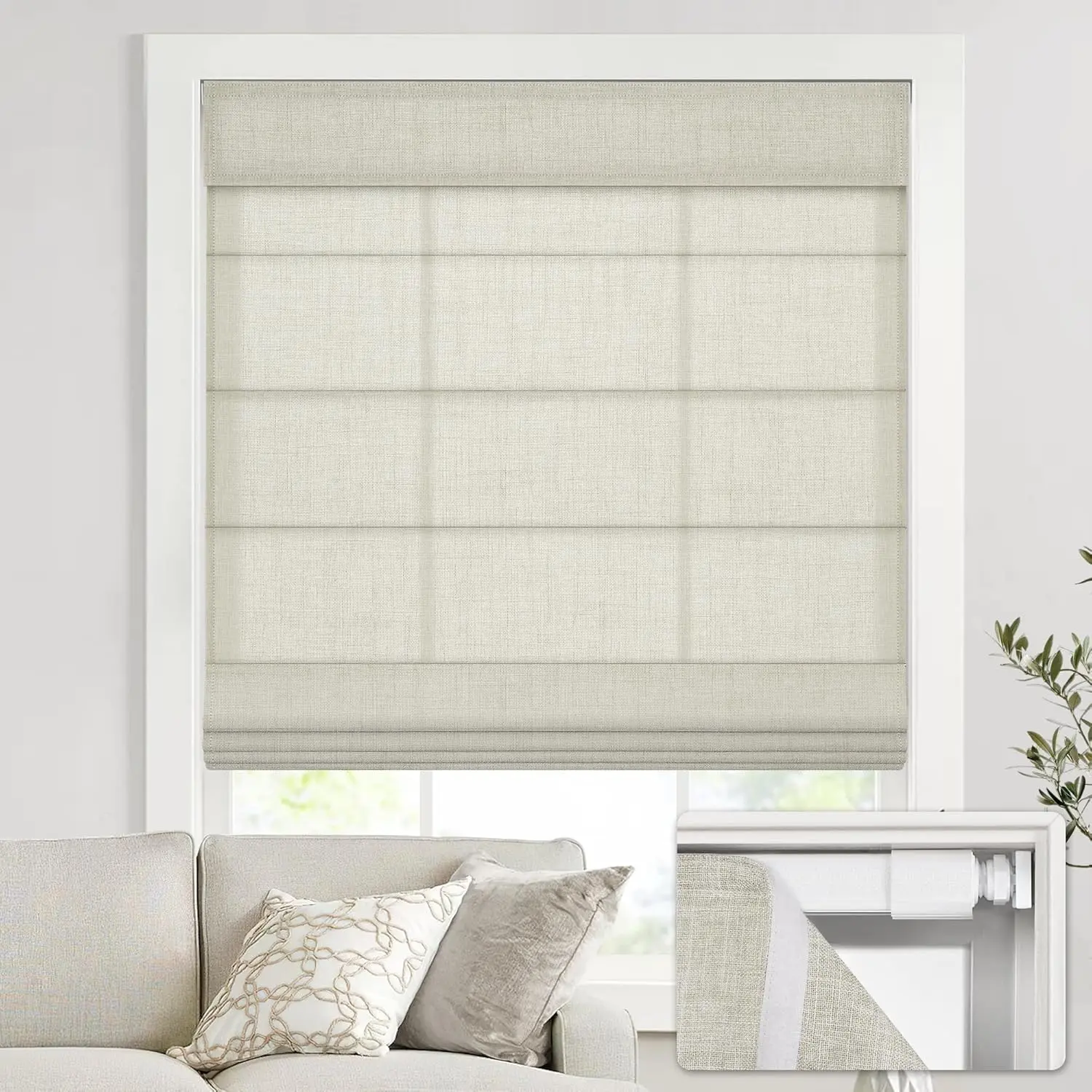 No Drill Cordless Roman Shades for Windows 34" W × 64" H Light Filtering Linen Beige