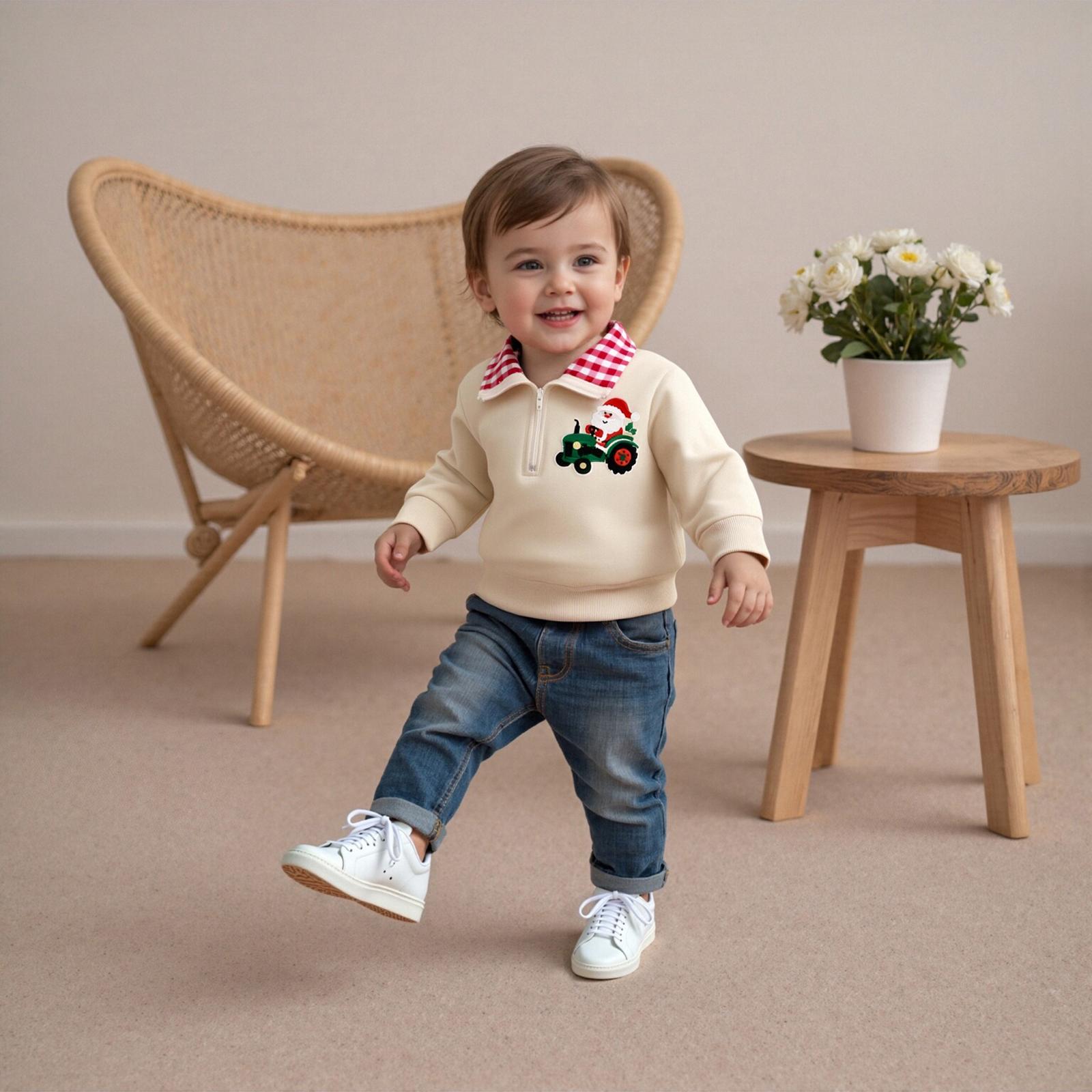 Baby Boy Christmas Sweatshirt Gingerbread Man Embroidery Long Sleeve Lapel Zip Front Pullover Tops 6M-4Y