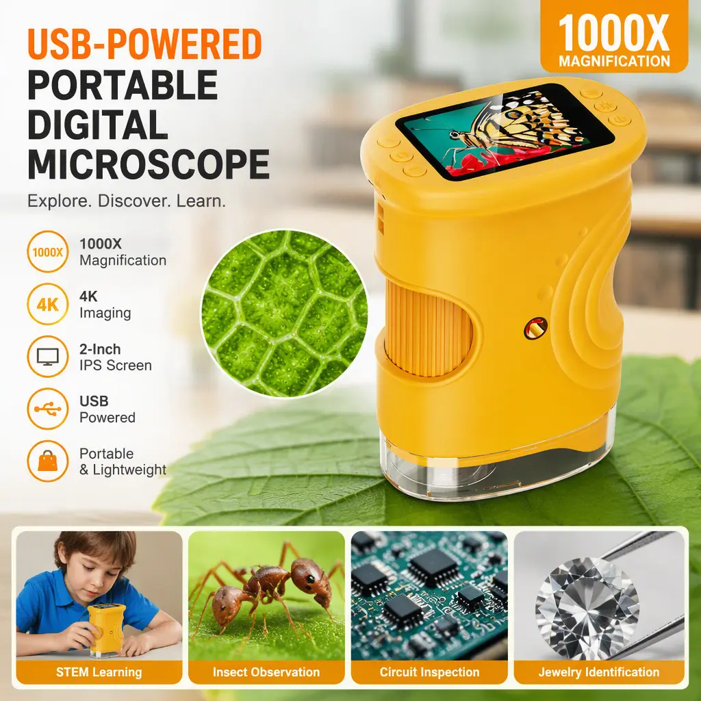 USB‑Powered Portable Digital Microscope, 1000X Magnification 4K Imaging, 2‑Inch IPS Screen for STEM Classroom Learning & Exploration