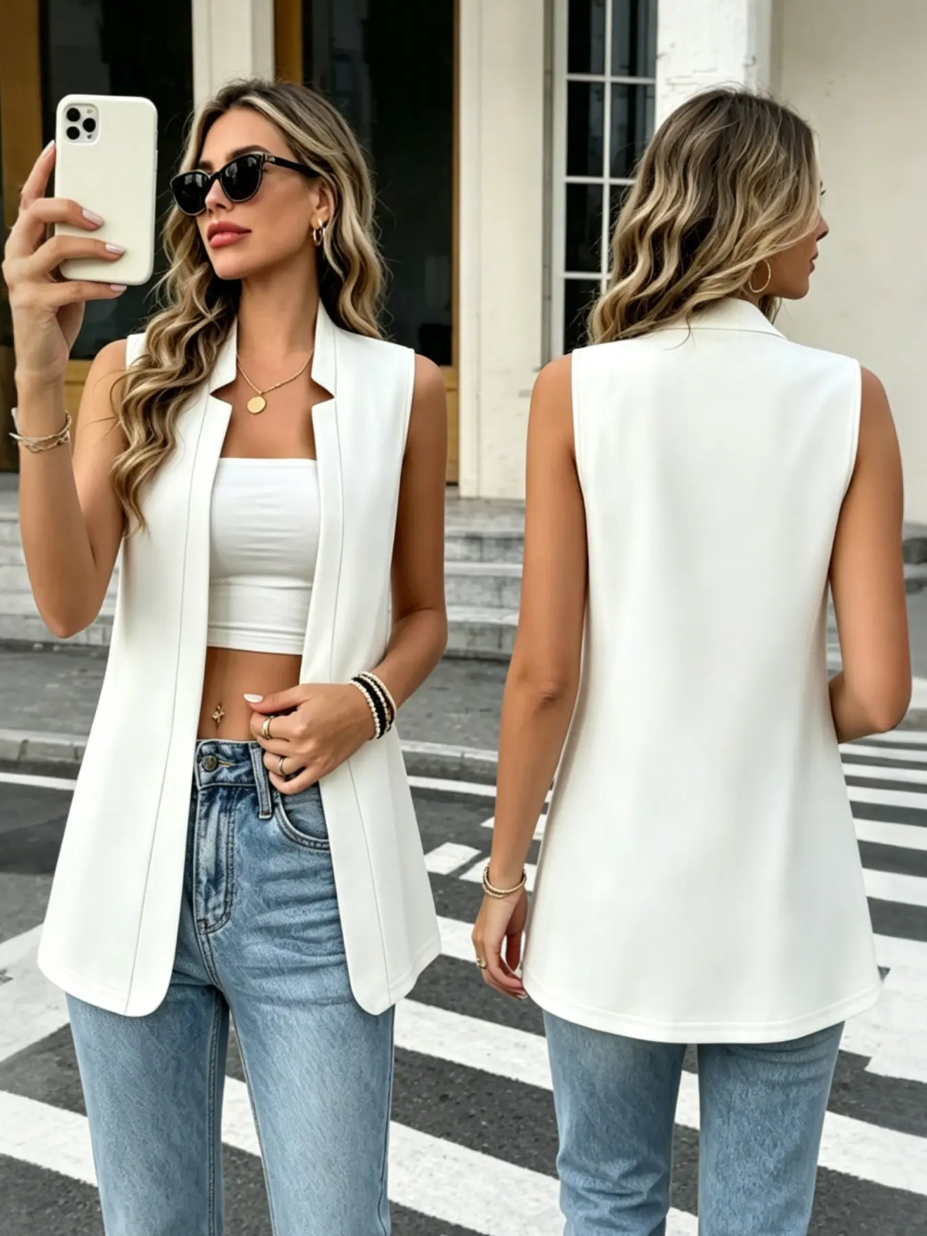 Women's Solid Sleeveless Blazer Vest, Stand Collar Open Front, Lightweight, Office, Shopping, Dating, Simple Small Gatherings, Spring & Fall