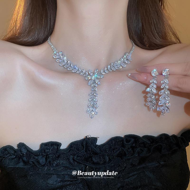 Silver Needle 2026 Zircon Wheat Ear Tassel Earrings and Necklace Set, Fashionable Light Luxury Clavicle Chain, High-end Jewelry