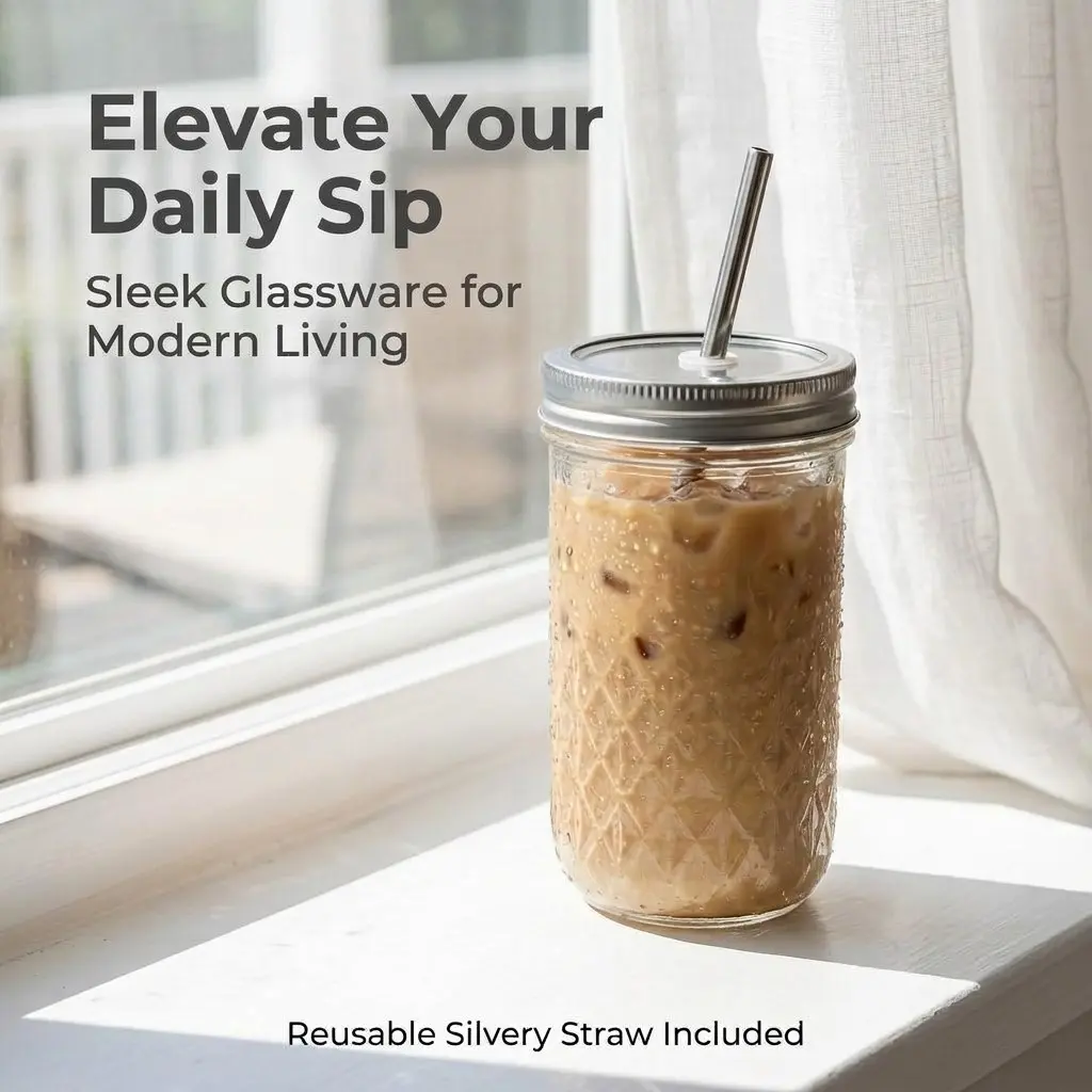 Luxury Rhombus Embossed Glass Jar, Sealed Leak-Proof Silver Color Lid, Ideal for Iced Latte, Bubble Tea, Homemade Cocktails, Refrigerator Storage