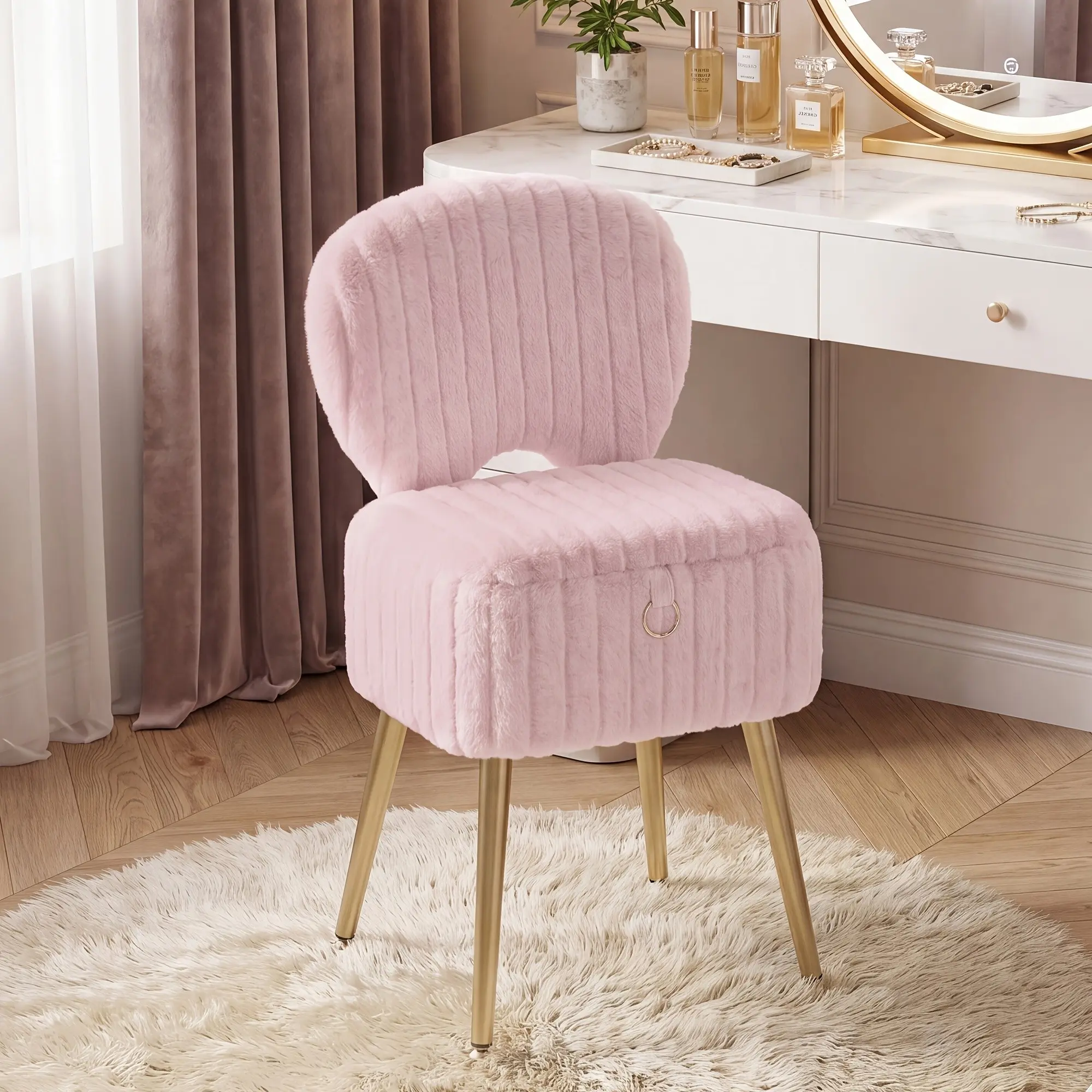 Small Household Vanity Chair with Foldable Back, Multifunctional Makeup Seat, Comes with Hidden Compartment for Storing Small Additions