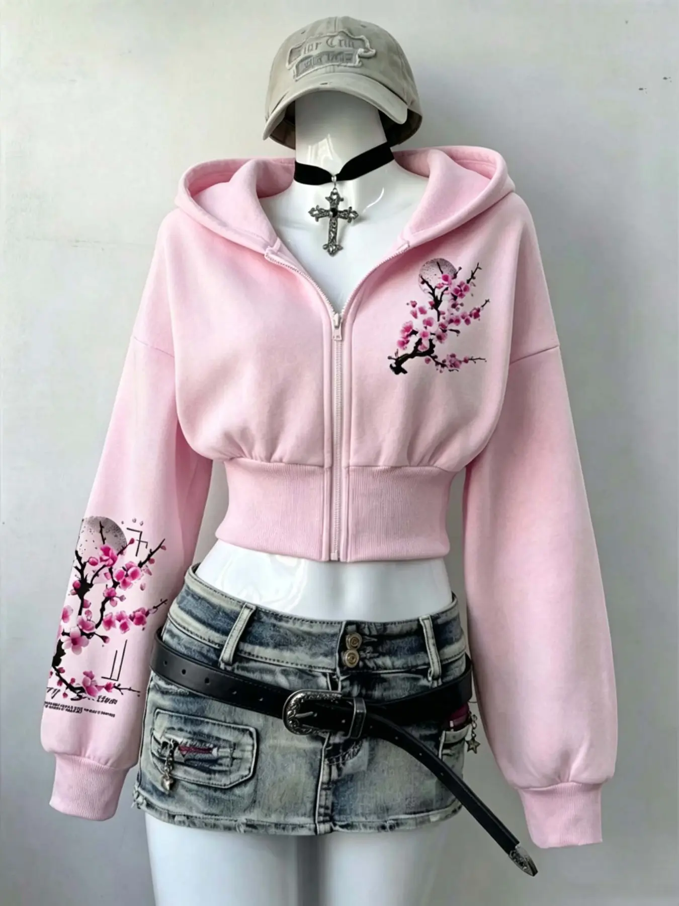 Cherry Blossom Short Zipper Hooded Sweatshirt, Y2K Style High Waist Crop Top, Sakura Print, Japanese Calligraphy, Fall & Winter Fashion