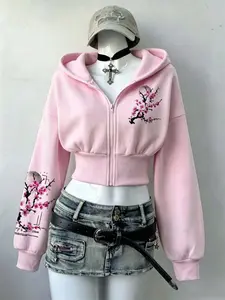 Cherry Blossom Short Zipper Hooded Sweatshirt, Y2K Style High Waist Crop Top, Sakura Print, Japanese Calligraphy, Fall & Winter Fashion