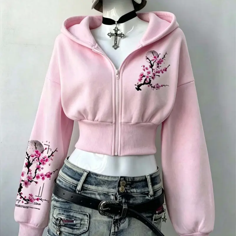 Cherry Blossom Short Zipper Hooded Sweatshirt, Y2K Style High Waist Crop Top, Sakura Print, Japanese Calligraphy, Fall & Winter Fashion