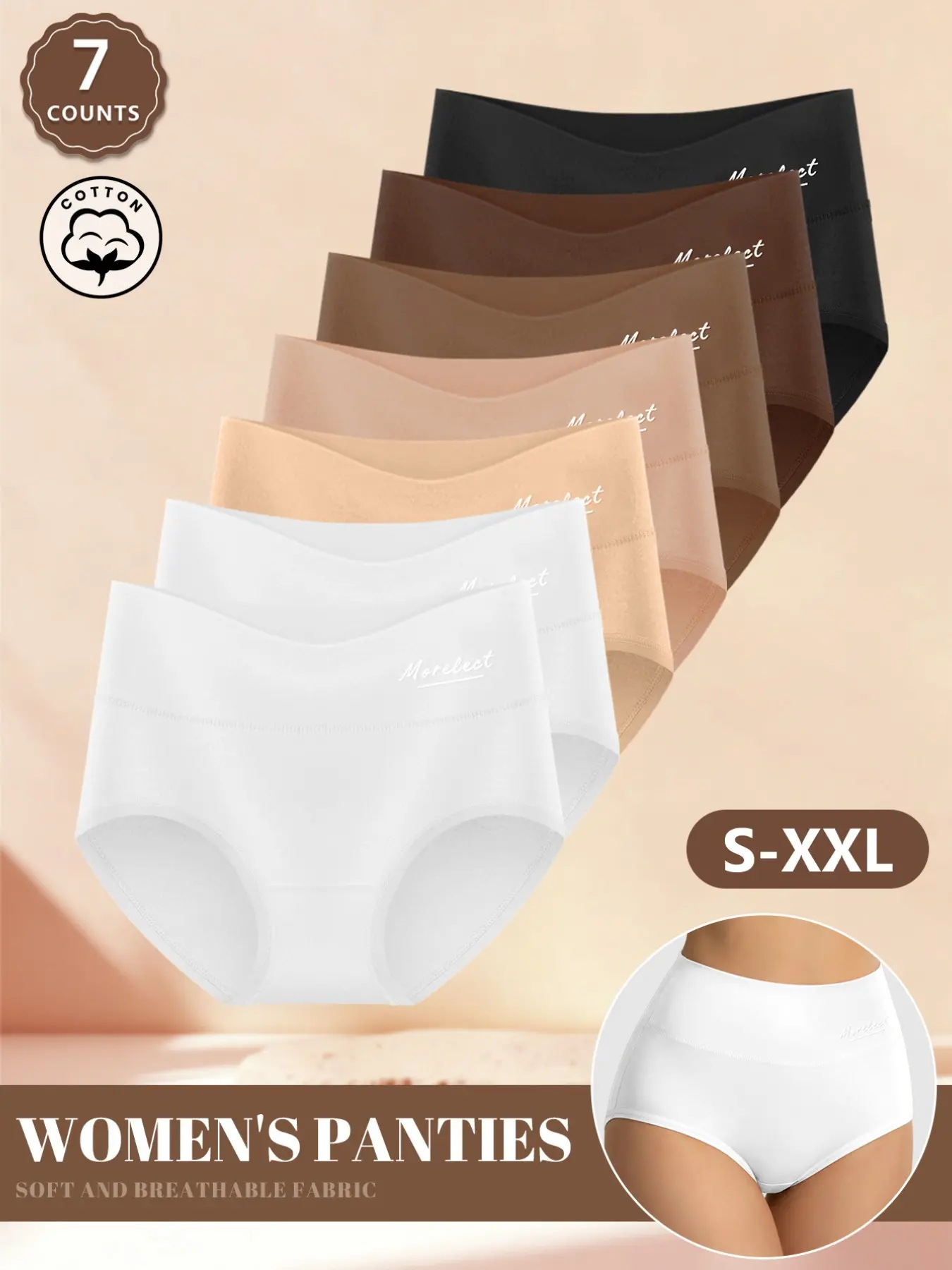 Soft Cotton High-Waisted Women's Underwear, Panty, 7pcs Set, Breathable and Comfortable, Sizes S-Xxl, Waist Cinching and Butt Lifting, Seamless Design
