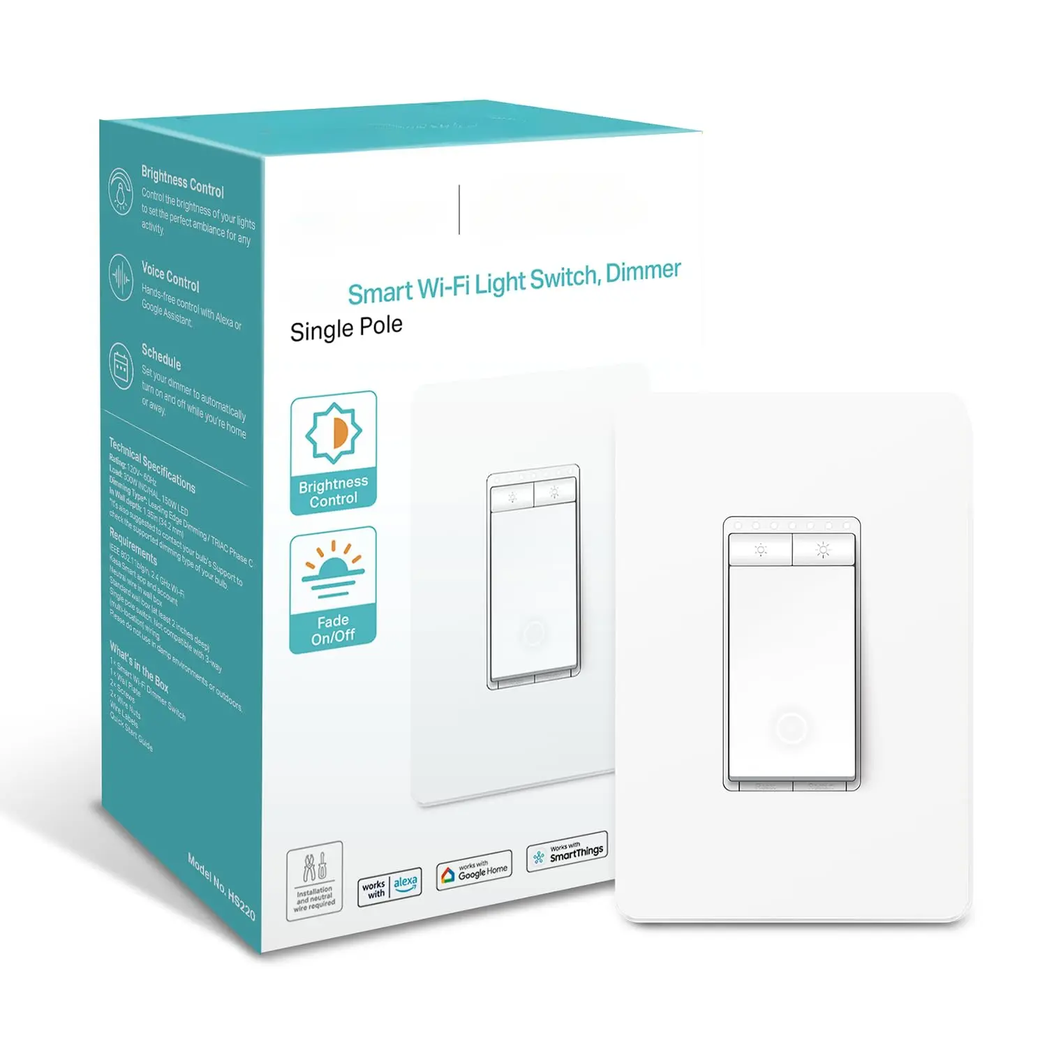 Smart Dimmer Switch HS220, Single Pole, Needs Neutral Wire, 2.4GHz Wi-Fi Light Switch Works with Alexa and Google Home, UL Certified, No Hub Required, 1 Pack