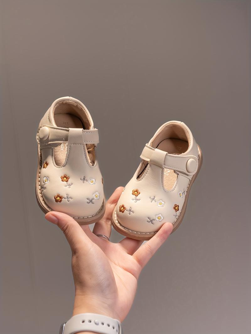 Embroidered Flower Toddler Girls' Shoes |   Soft Sole, Non-, Durable, Microfiber, Fastener, Vintage and Cute Style/