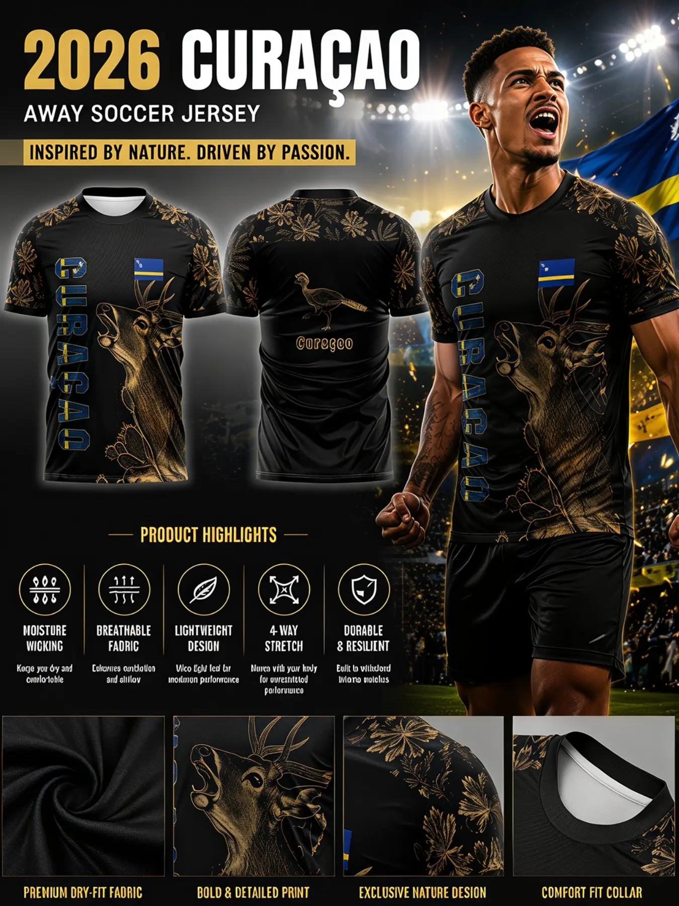 2026 Curaçao Away Soccer Jersey, Gold Deer Print, Unisex Adult, Breathable Athletic Top, Stretchy, Comfortable, Patriotic Gift for Fans, Lightweight Breathable Jersey