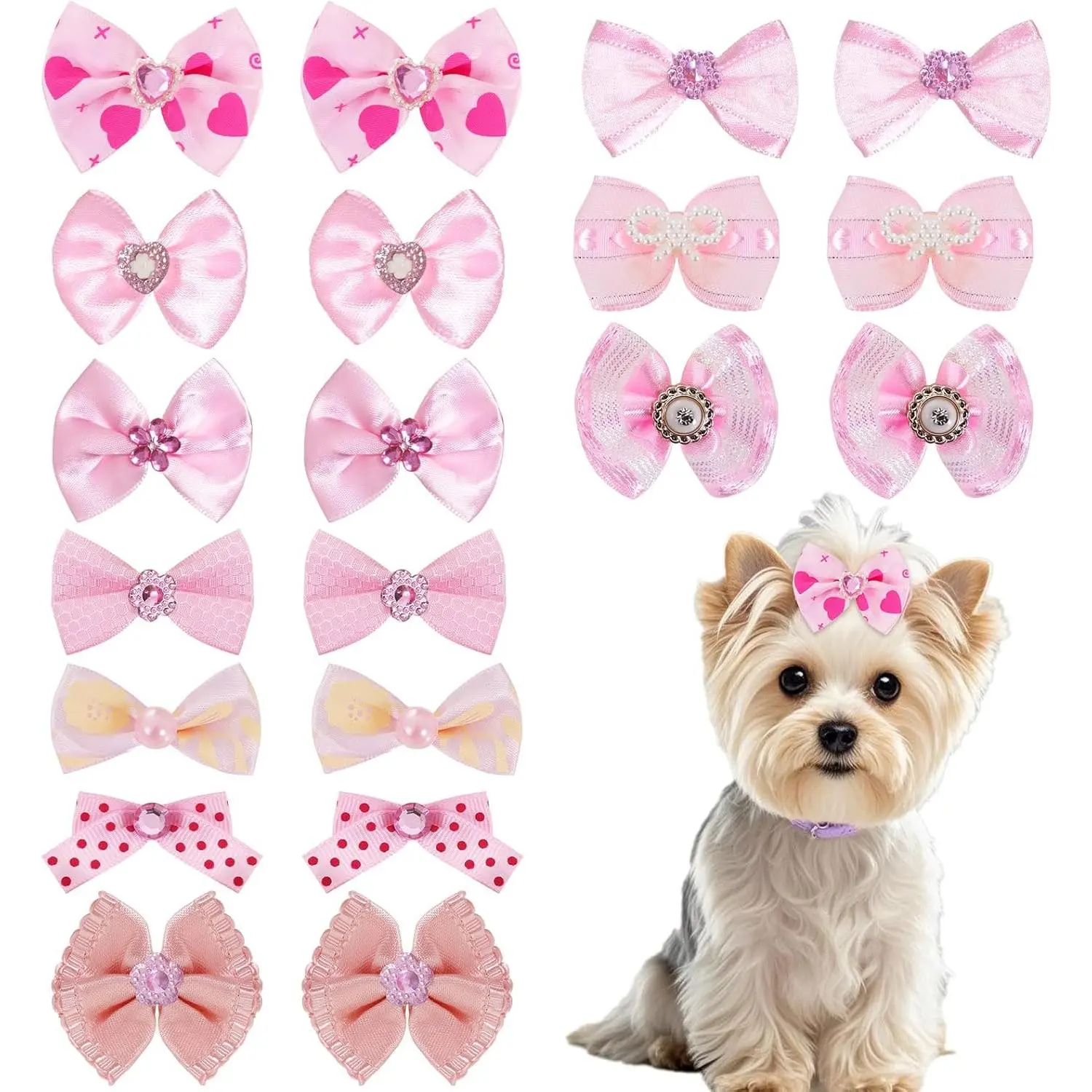 20 PCS Decorative Cute Look Dog Hair Bow Set with Elastic Bands, Handmade Mix-Style Lace, Rhinestones, Pearls for Furry Puppy Girl (Novel Pink Pattern)
