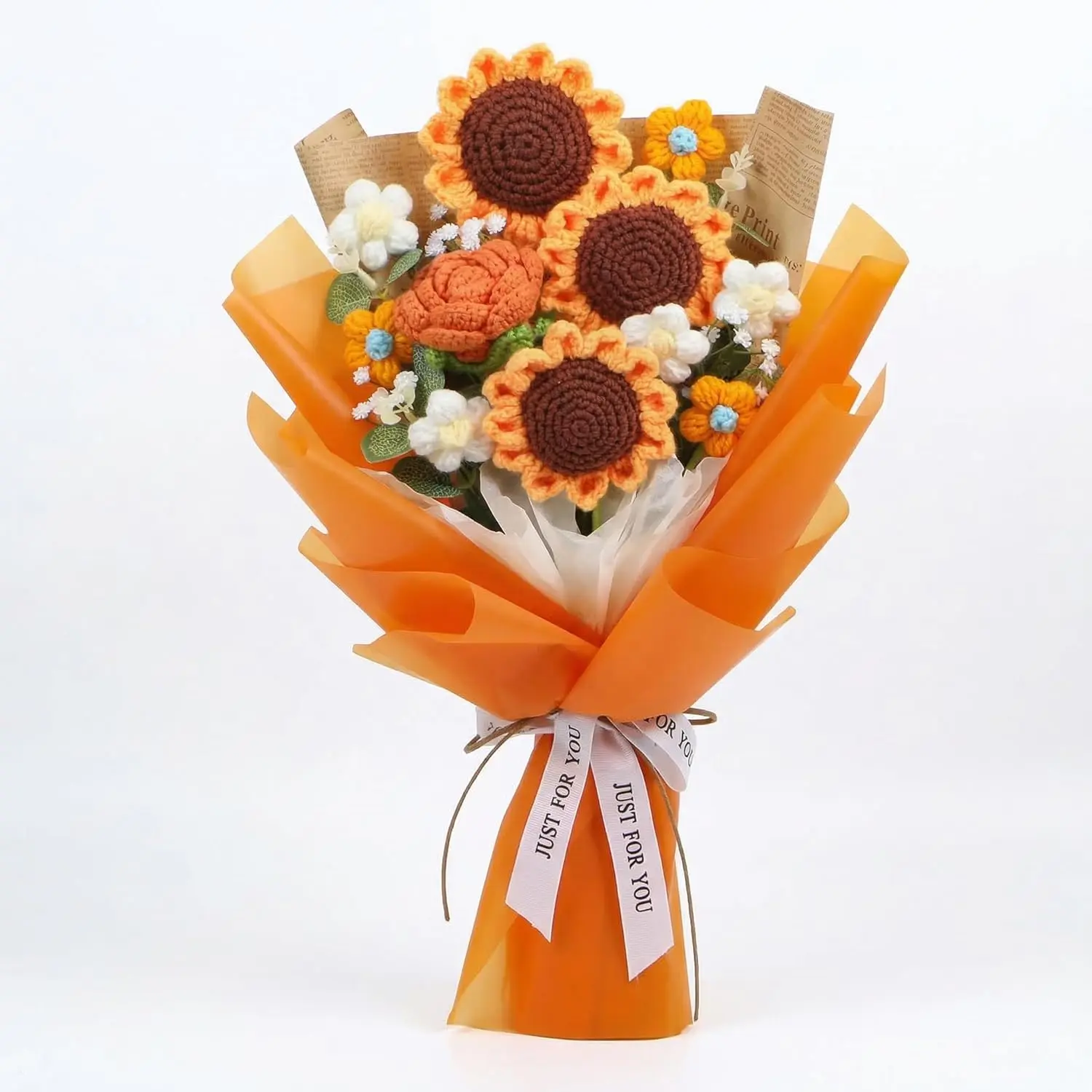Handmade Crochet Sunflower Bouquet - Knitted Orange Yarn Flowers with Gift Tote Bag, Card, "Just for You" Ribbon & Vintage Paper, Everlasting Decorative Plants for Home Decor, Graduation/Birthday Gift