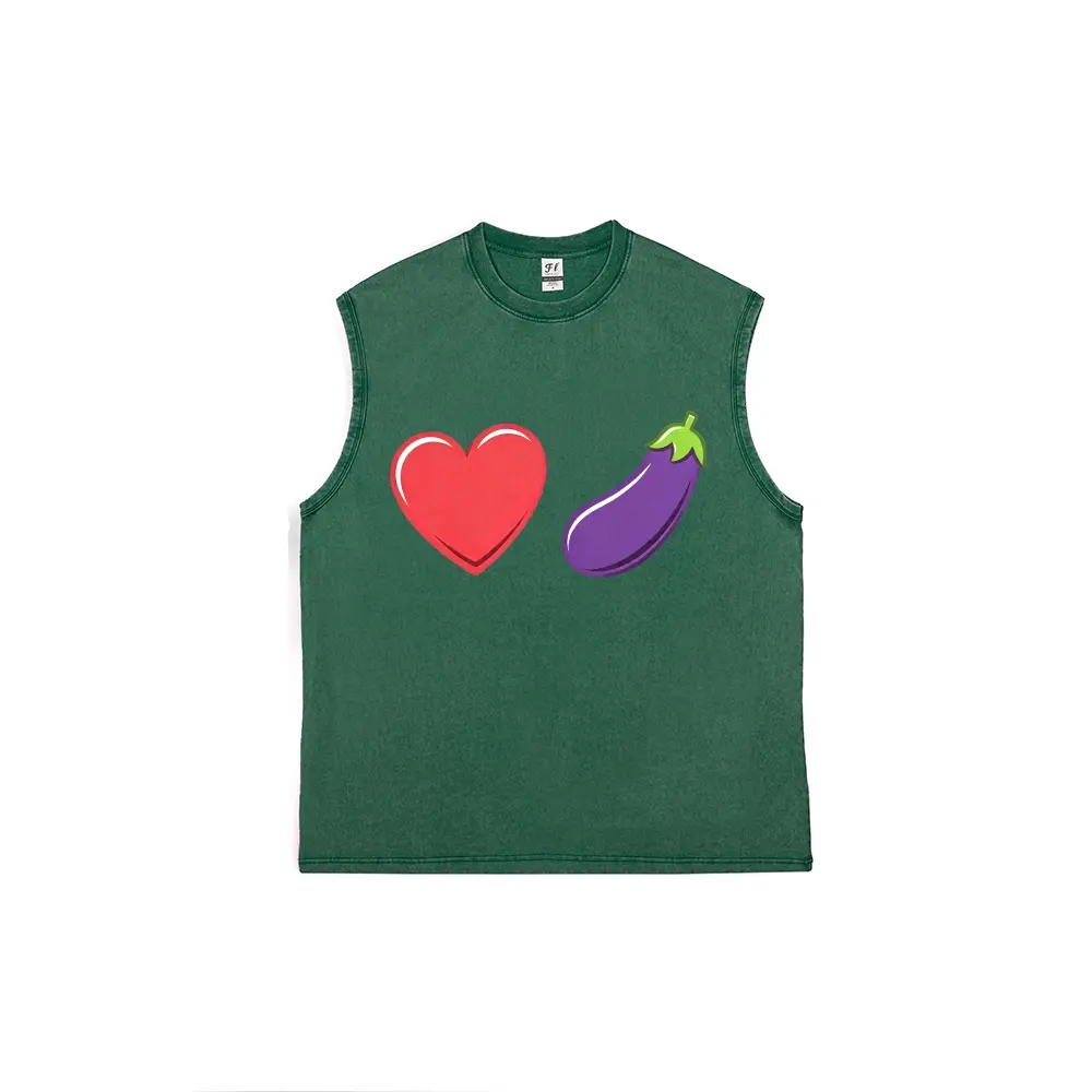 Unisex Vintage Acid Wash Cut Off Muscle Tank Top, Multiple Colors Available, Cute Red Heart & Purple Eggplant Emoji Funny LGBTQ Pride Graphic Loose Fit Distressed Cotton Sleeveless Vest, Playful Queer Humor Casual Workout Streetwear Tank Tee for Pride Par