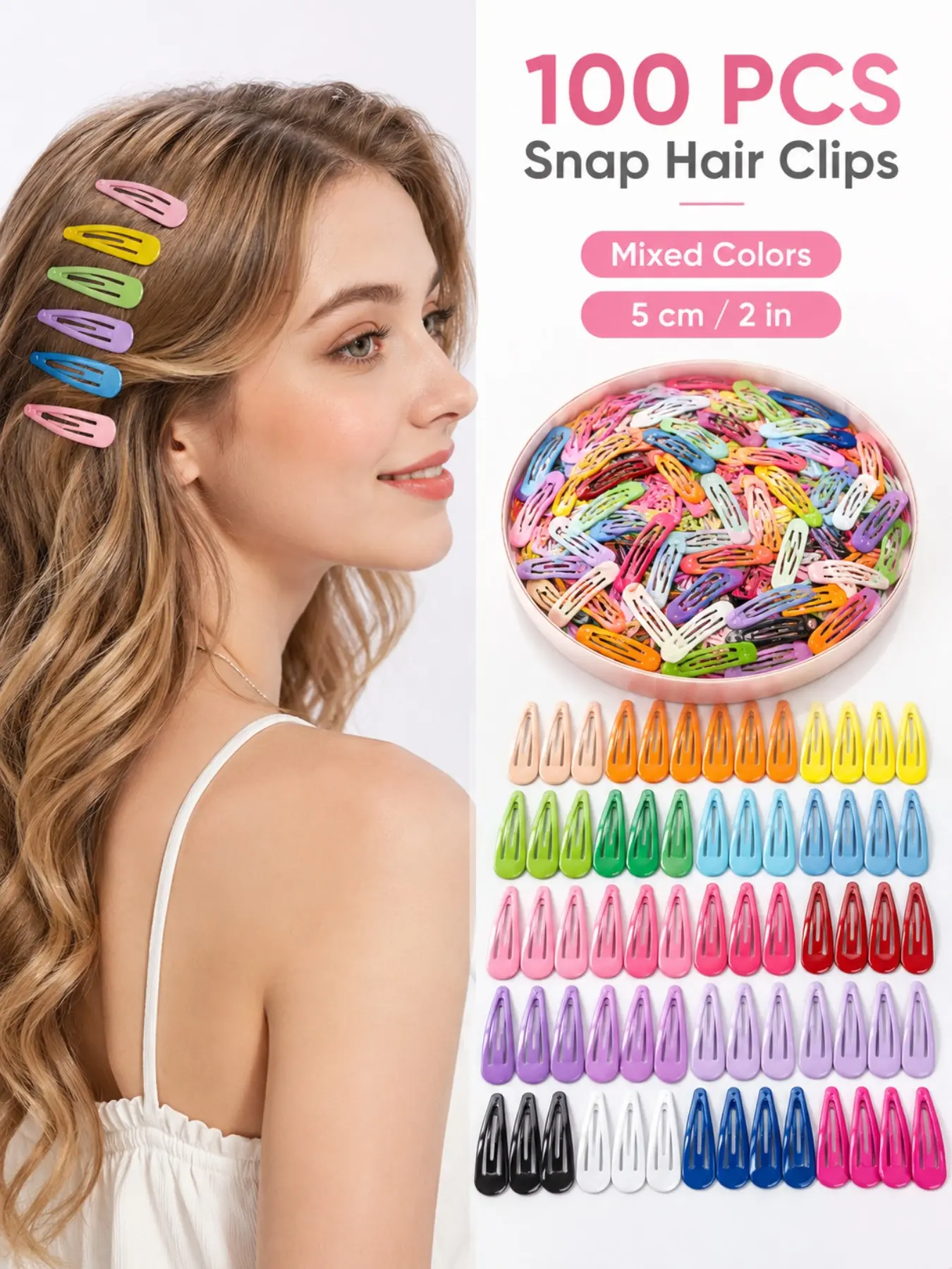 100PCS 5CM Mixed Color Snap Hair Clips, Glossy Non-Slip Metal Barrettes, Strong Hold Hair Accessories for Kids & Girls, Daily Use & Hairstyle DIY, Cute Hair Clips