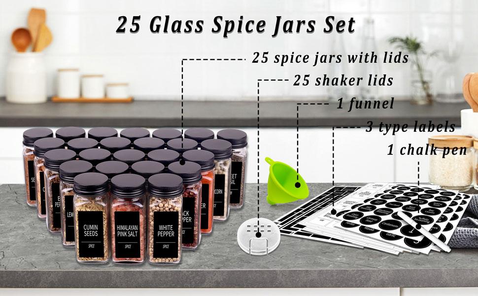 25 Spice Jars with 547 Labels- Glass Spice Jars with Black Metal Caps, 4oz Empty Spice Containers with Shaker Lids, Funnel, Chalk Pen, Square Seasoning Bottles for Spice Rack, Drawer, Cabinet