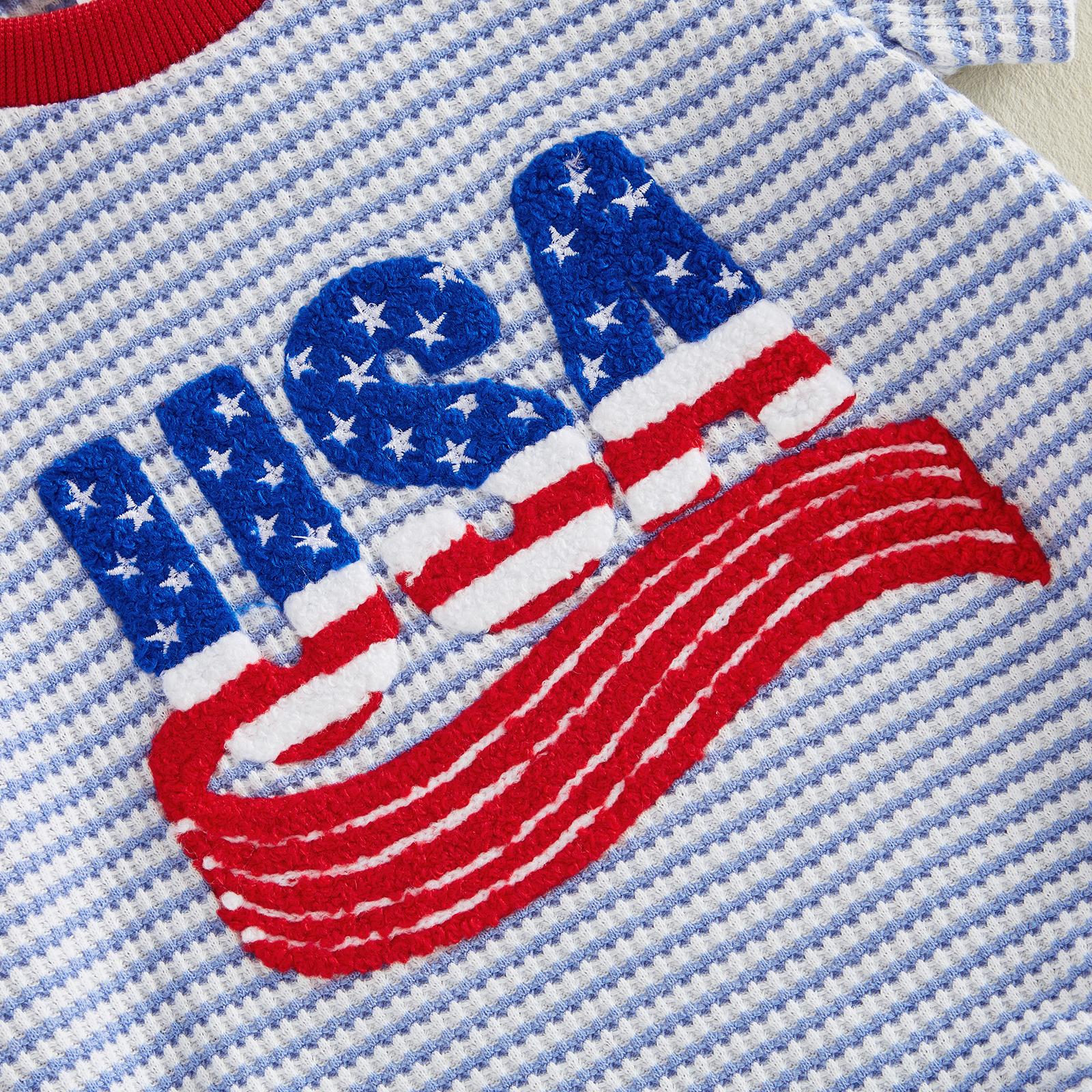 Babamoon Kids Toddler Baby Boys 4th of July Outfits Sets Waffle Short Sleeve Letter USA Embroidery Romper/Tops T shirt Striped Shorts Independence Day Clothes Set