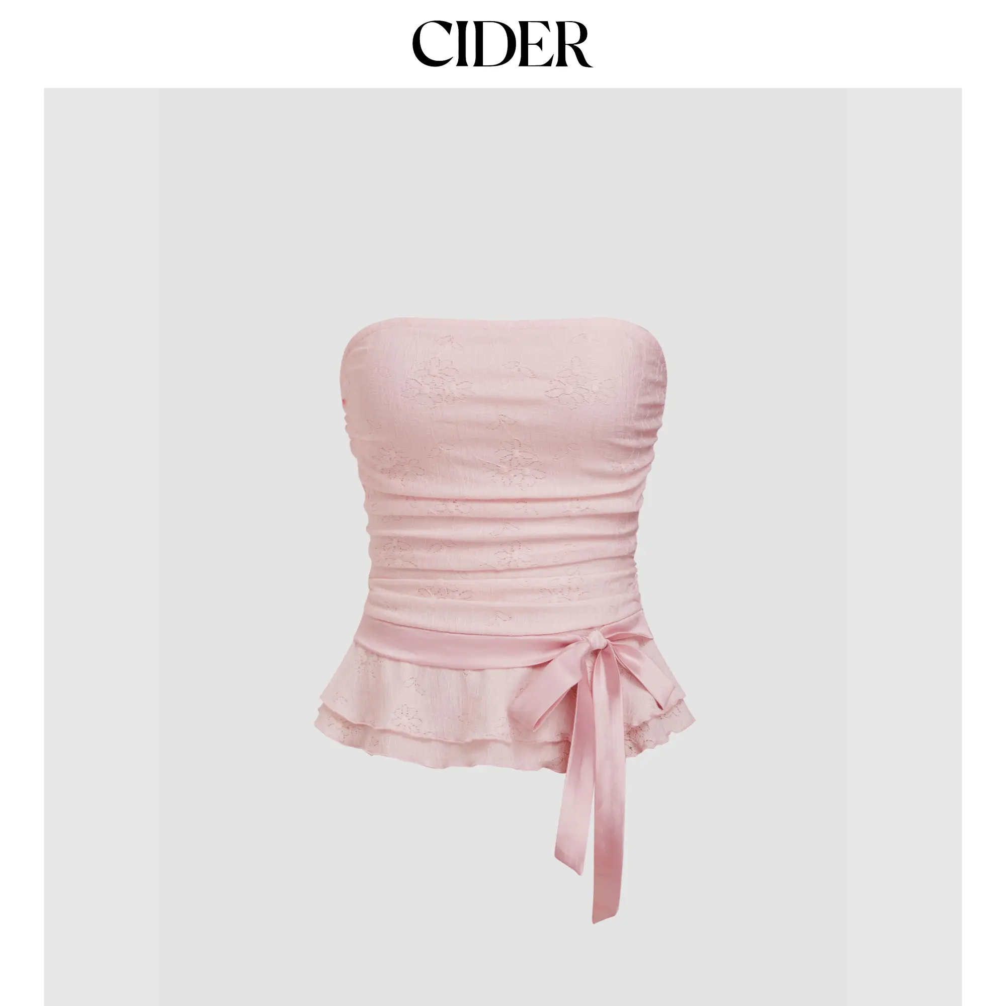 Cider Lace Lettuce Trim Bowknot Ruched Bandeau Top