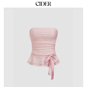 Cider Lace Lettuce Trim Bowknot Ruched Bandeau Top SummerWins SummerFinds