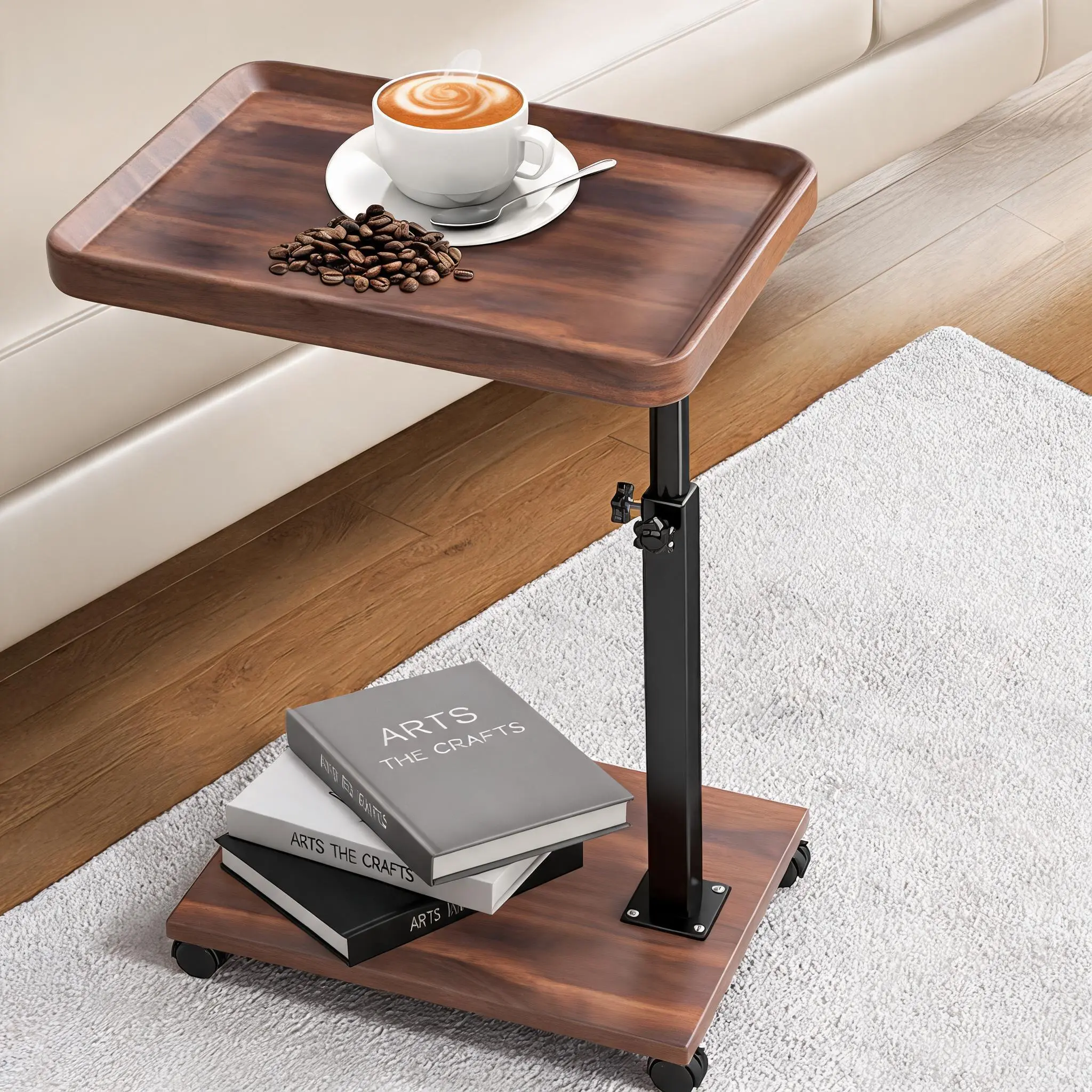 【IdealHouse】Height-Adjust Rotating Top C-Shaped Side Table - 360° Rolling Casters, Rotating Lift Top, Mobile Wood Finish, Adjustable Corner Living Room Furniture, Rolling Desk for Living Room Small Spaces