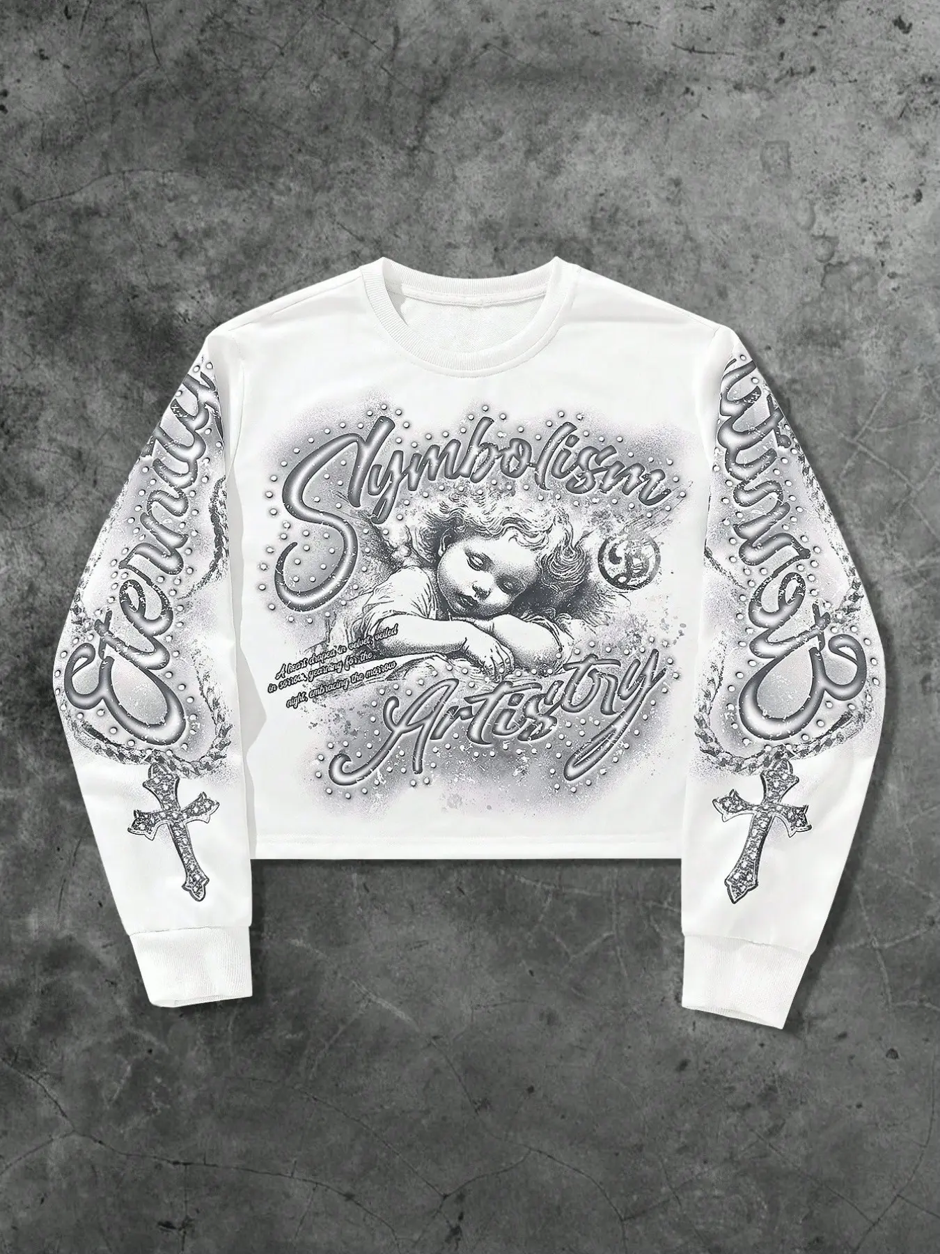 Trendy Vintage Cherub Cross Rhinestone Graphic Cropped Long Sleeve Sweatshirt, Casual All Season Versatile Dark Academia Skater Fashion Staple, Cool Touch Sweat Wicking Lightweight Fleece Material, Easy Matching Low Rise Denim