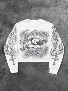 Trendy Vintage Cherub Cross Rhinestone Graphic Cropped Long Sleeve Sweatshirt, All Season Versatile Dark Academia Skater Fashion Staple, Cool Touch Sweat Wicking Lightweight Fleece Material, Easy Matching Low Rise Denim